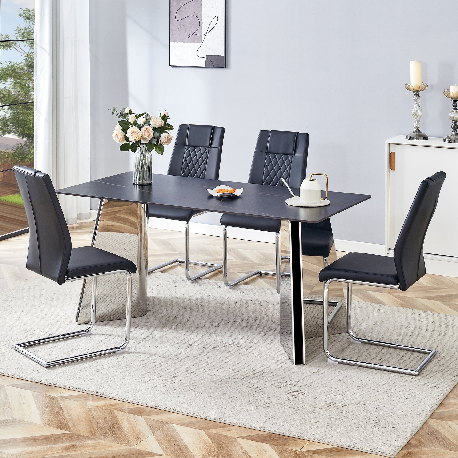 Black faux leather dining chairs with diamond tufting