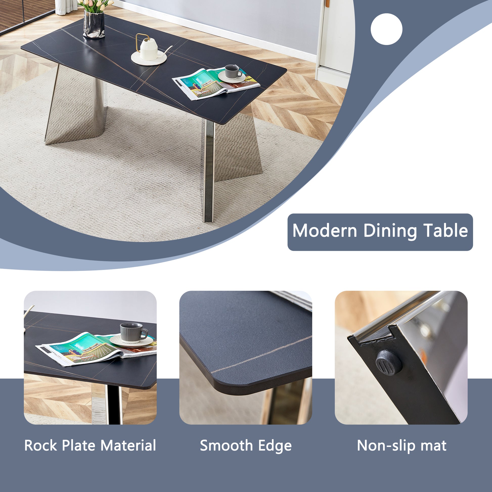 Dark grey modern dining table with gold veining and stainless steel base