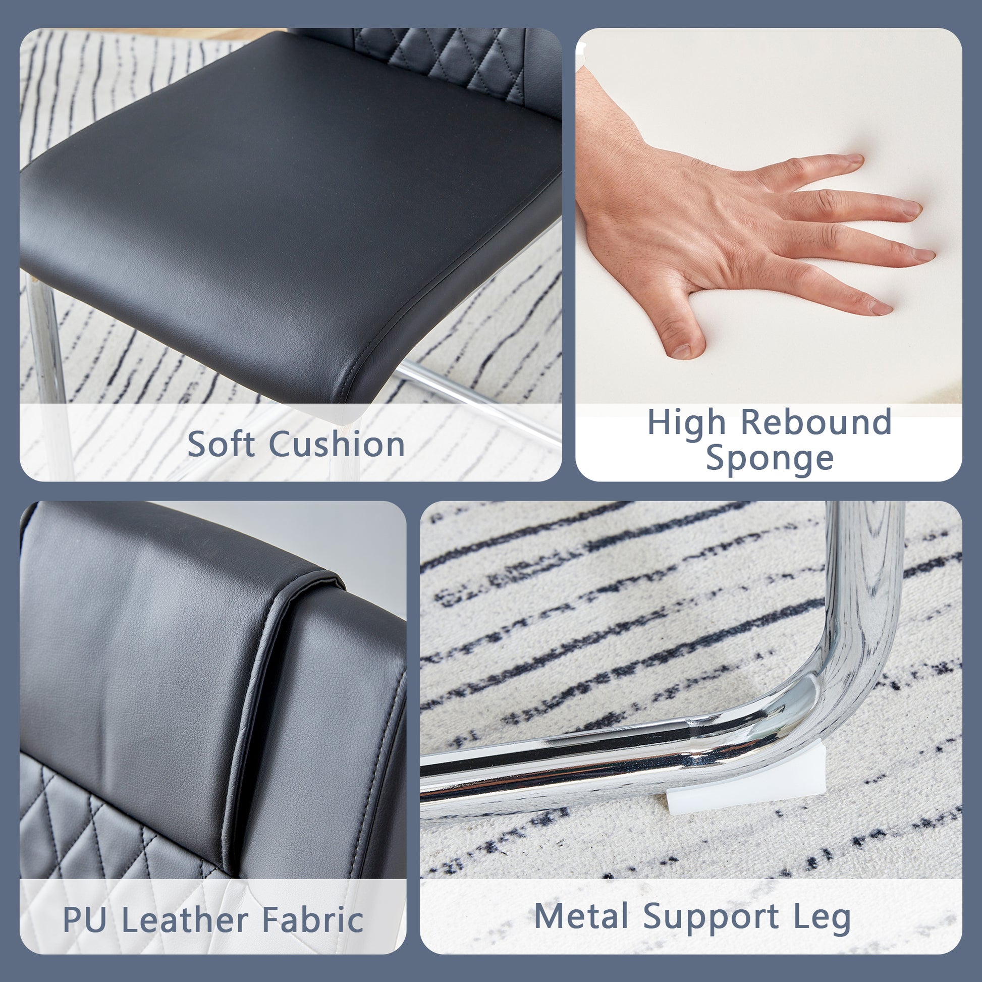 Black PU leather chair seat with quilted stitching and chrome legs for comfortable seating