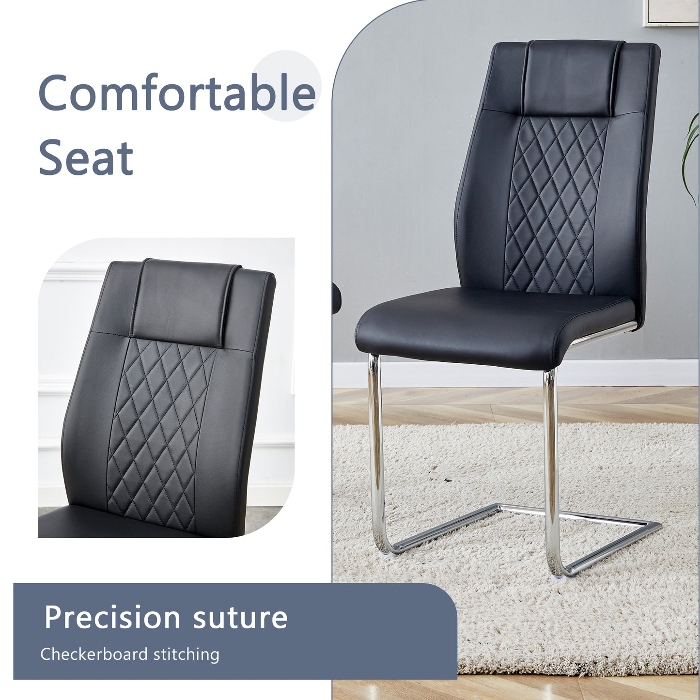 Black faux leather dining chair with diamond stitching on seat and back