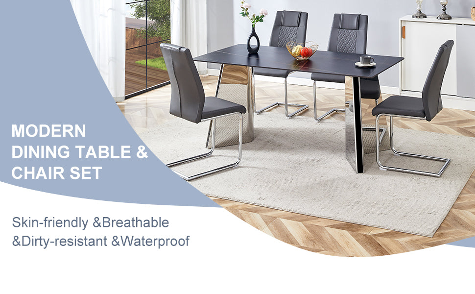 Sleek black dining table with chrome base and four dark grey leather chairs