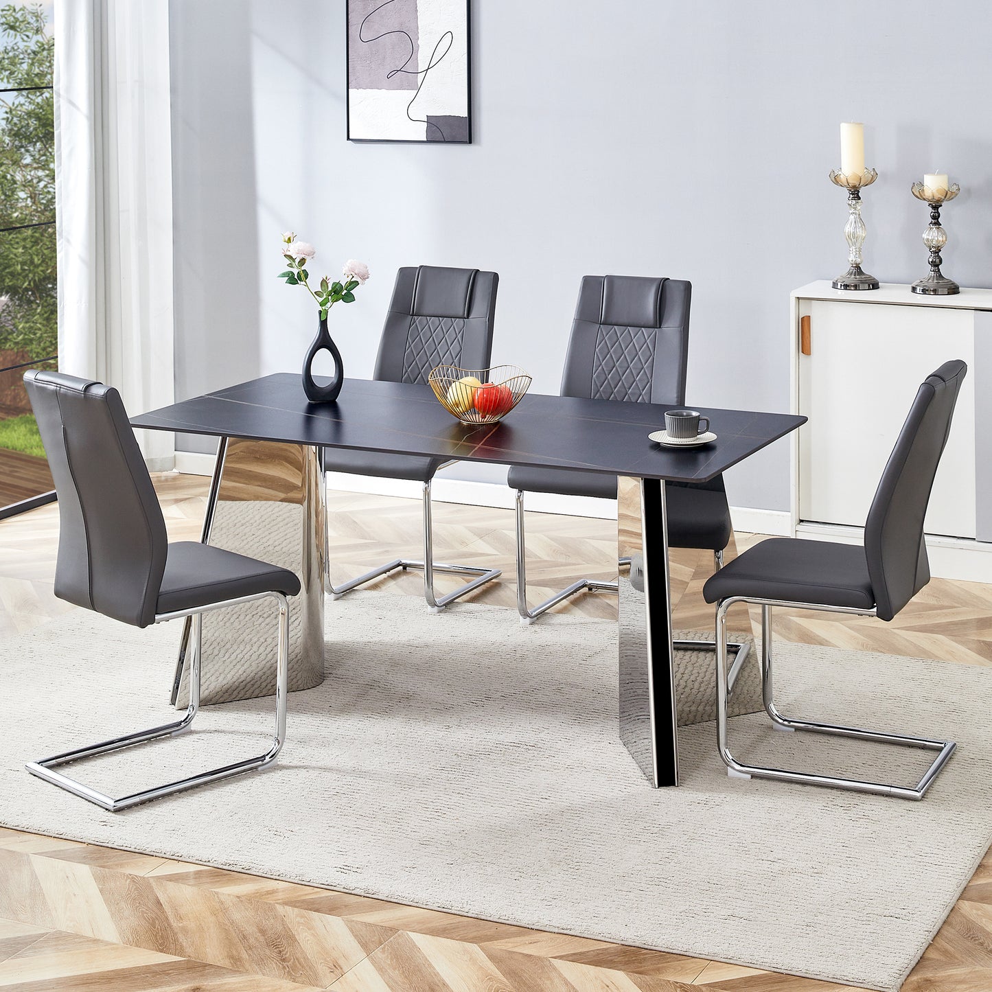 Modern gray faux leather dining chairs with diamond stitching and chrome sled legs
