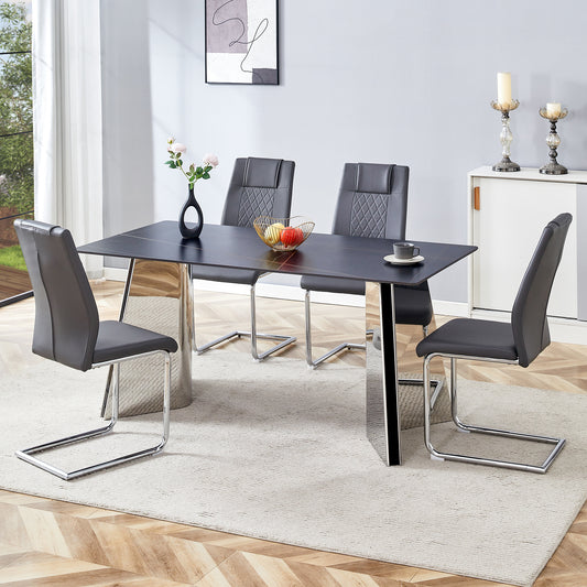 Modern gray faux leather dining chairs with diamond stitching and chrome sled legs
