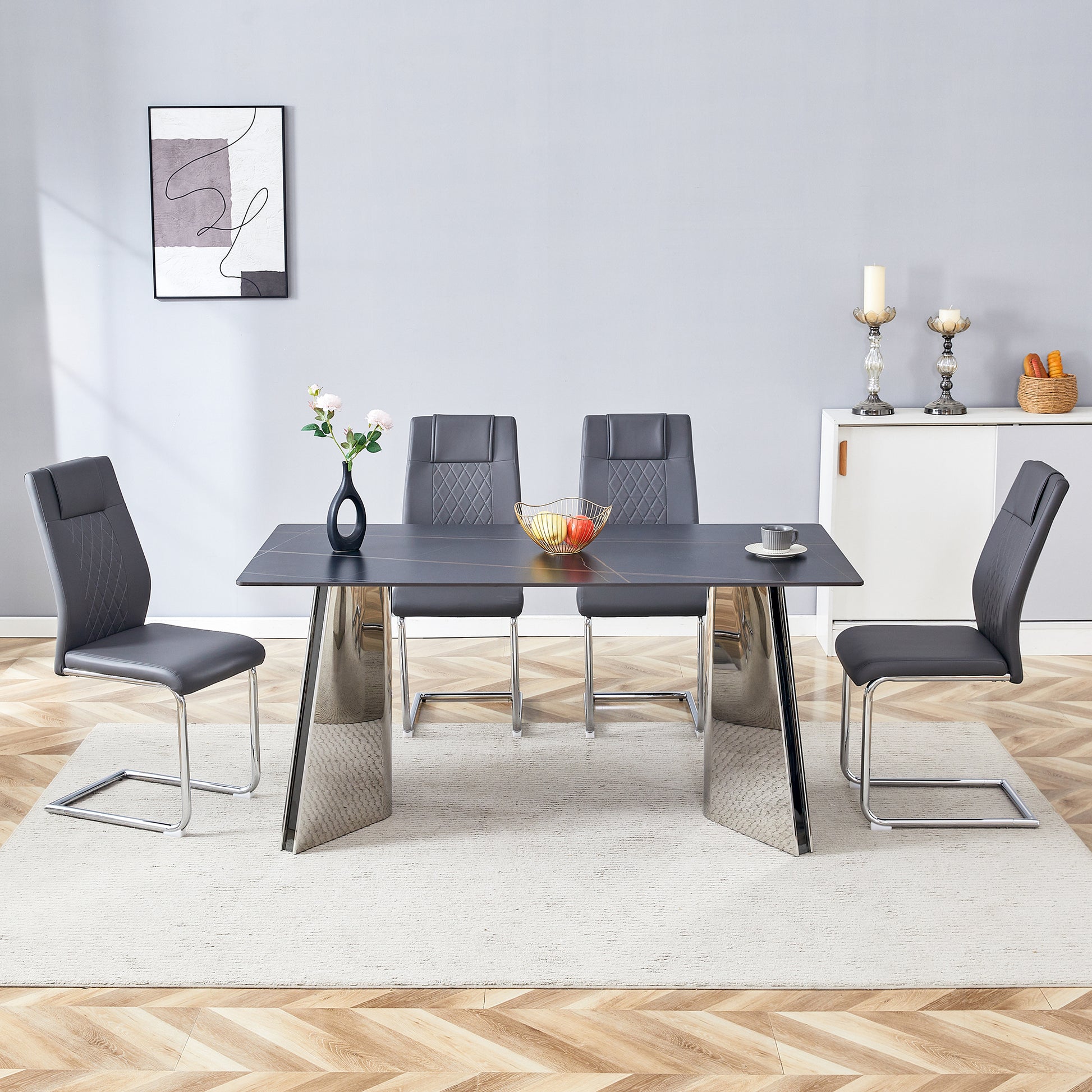 Dark grey faux leather dining chair with diamond stitching