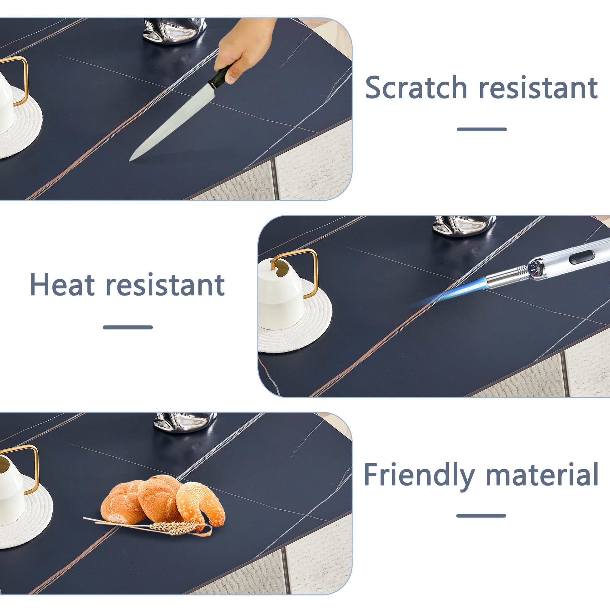 Dark grey ceramic tabletop demonstrating scratch resistance with a knife edge