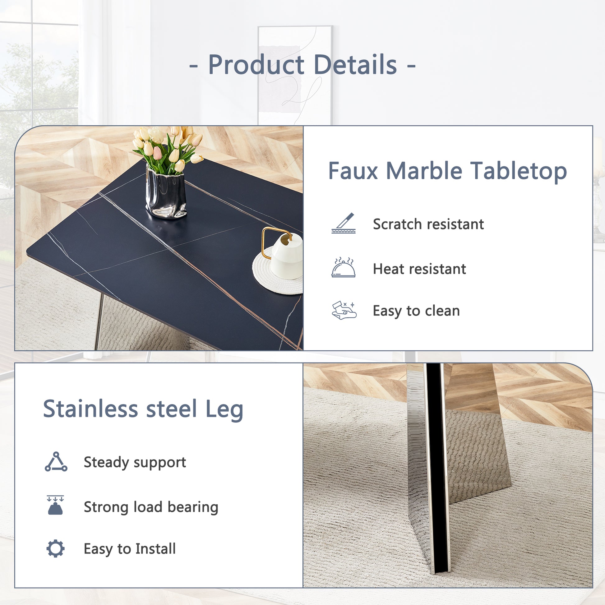 Dark navy faux marble tabletop with gold accents on a table