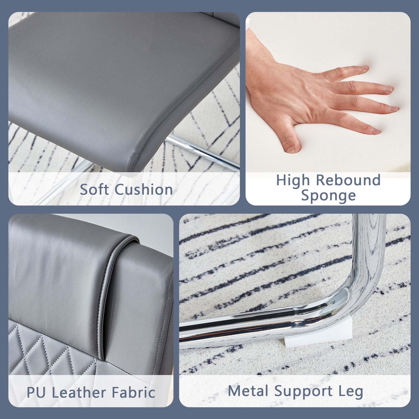 Closeup of plush gray PU leather chair cushion with visible stitching