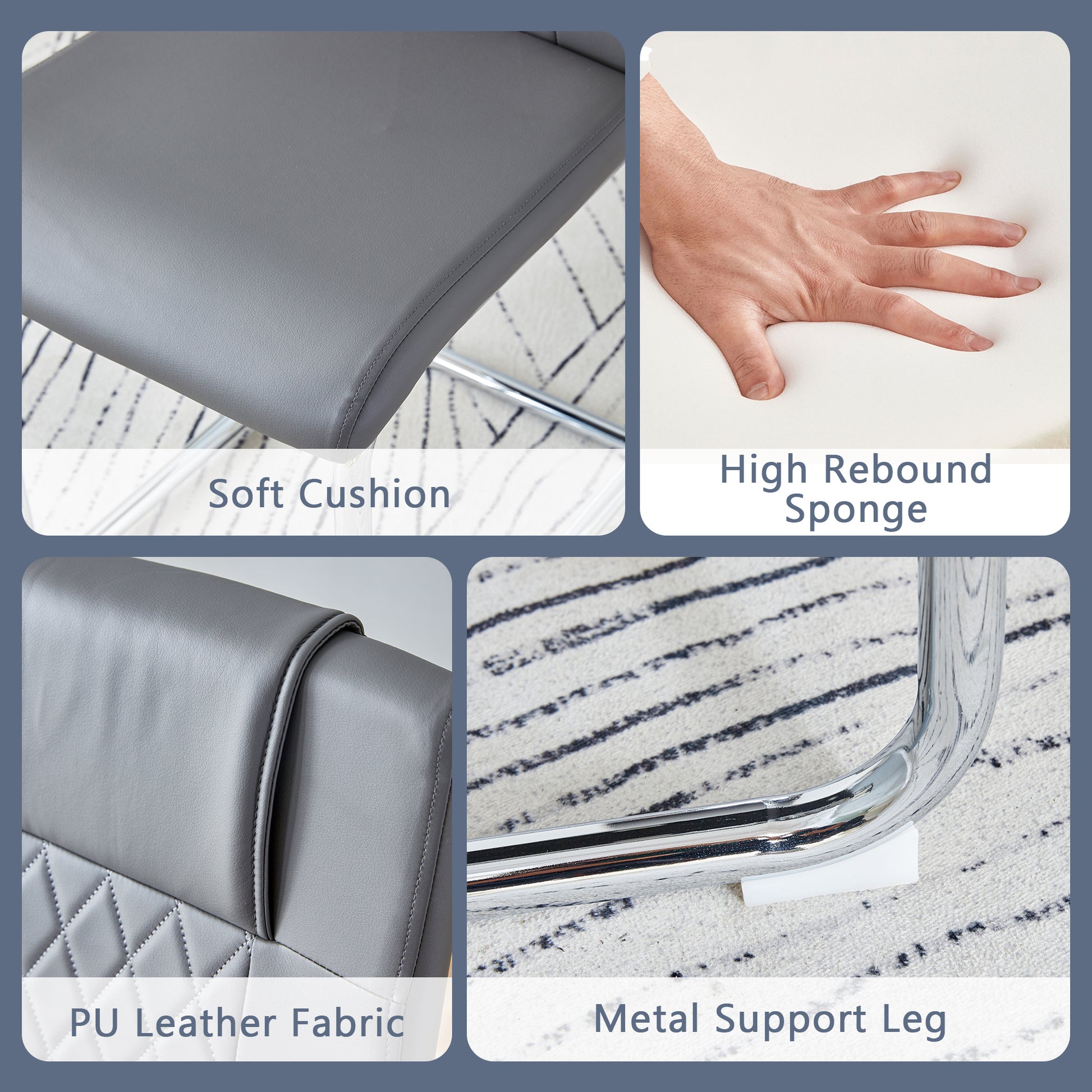 Closeup of plush gray PU leather chair cushion with visible stitching