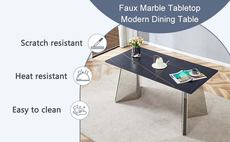 Modern dining table with black faux marble tabletop and brushed metal legs