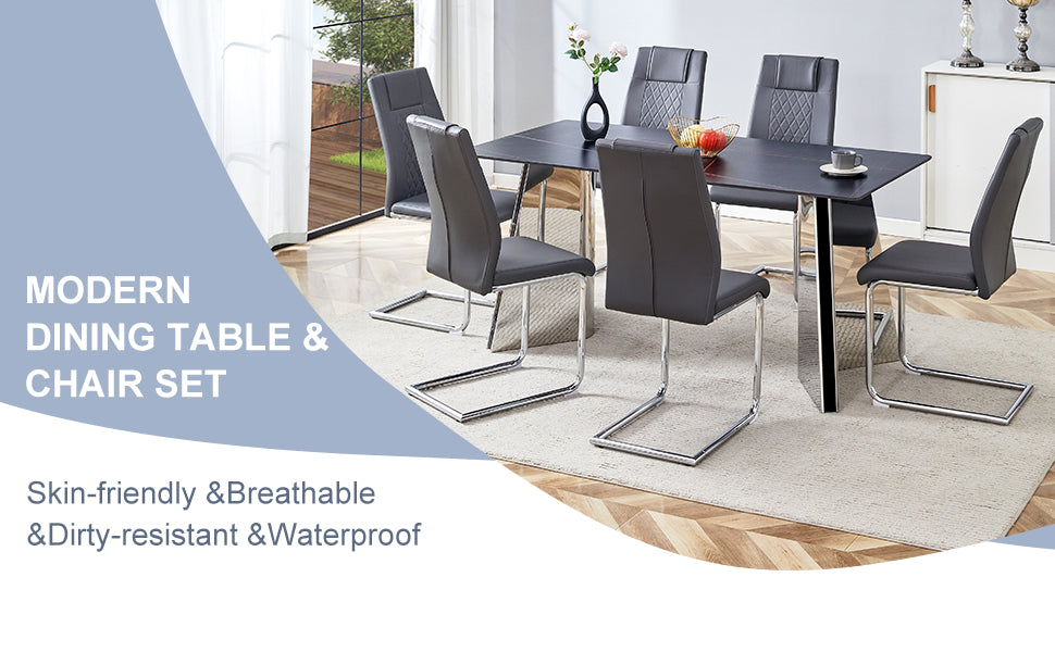Black faux leather dining chair set with chrome sled legs