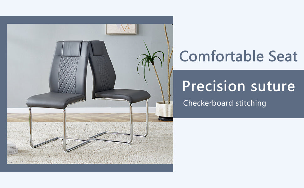 Gray faux leather dining chair with diamond stitching and chrome sled legs