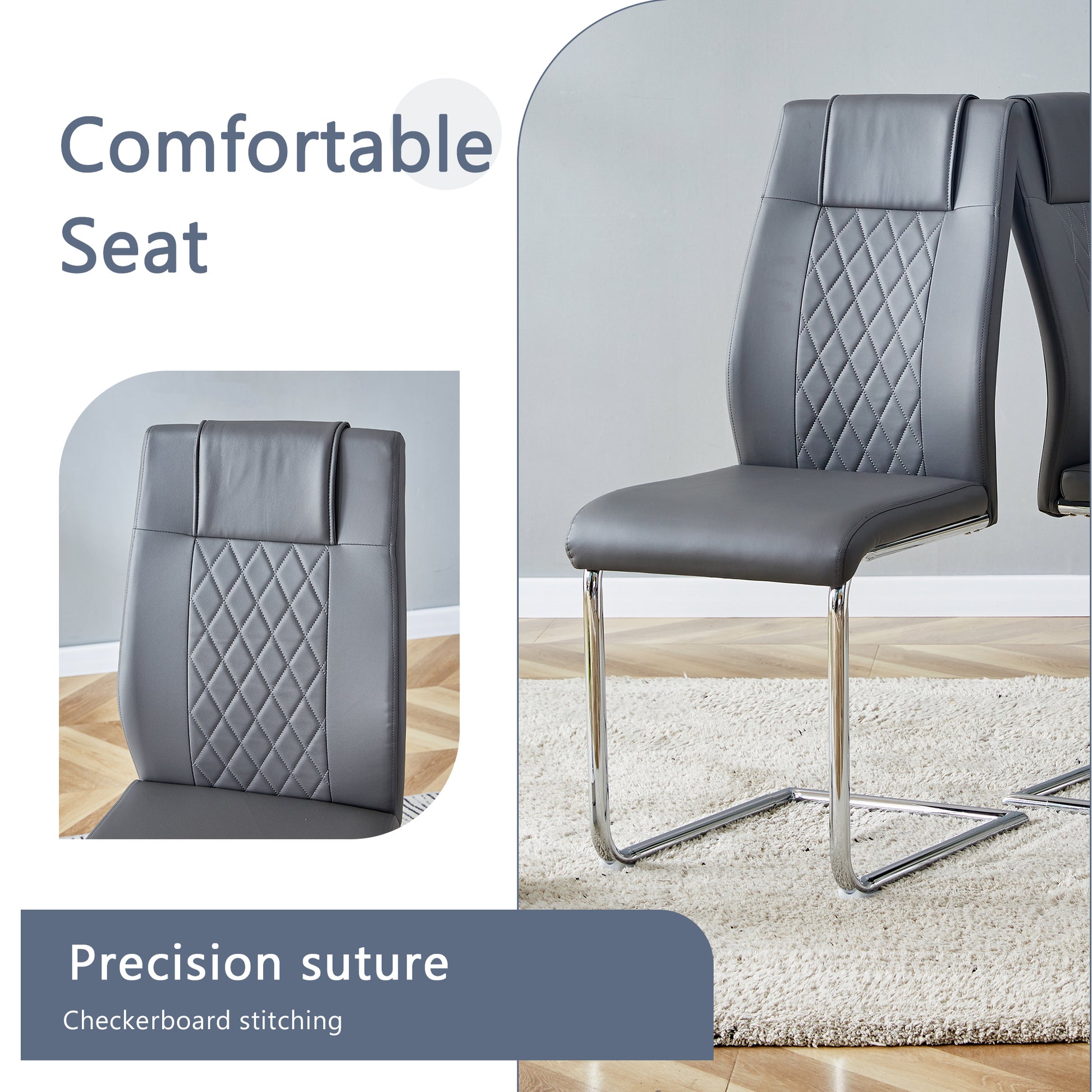 Grey faux leather dining chair with diamond stitching detail and chrome cantilever legs