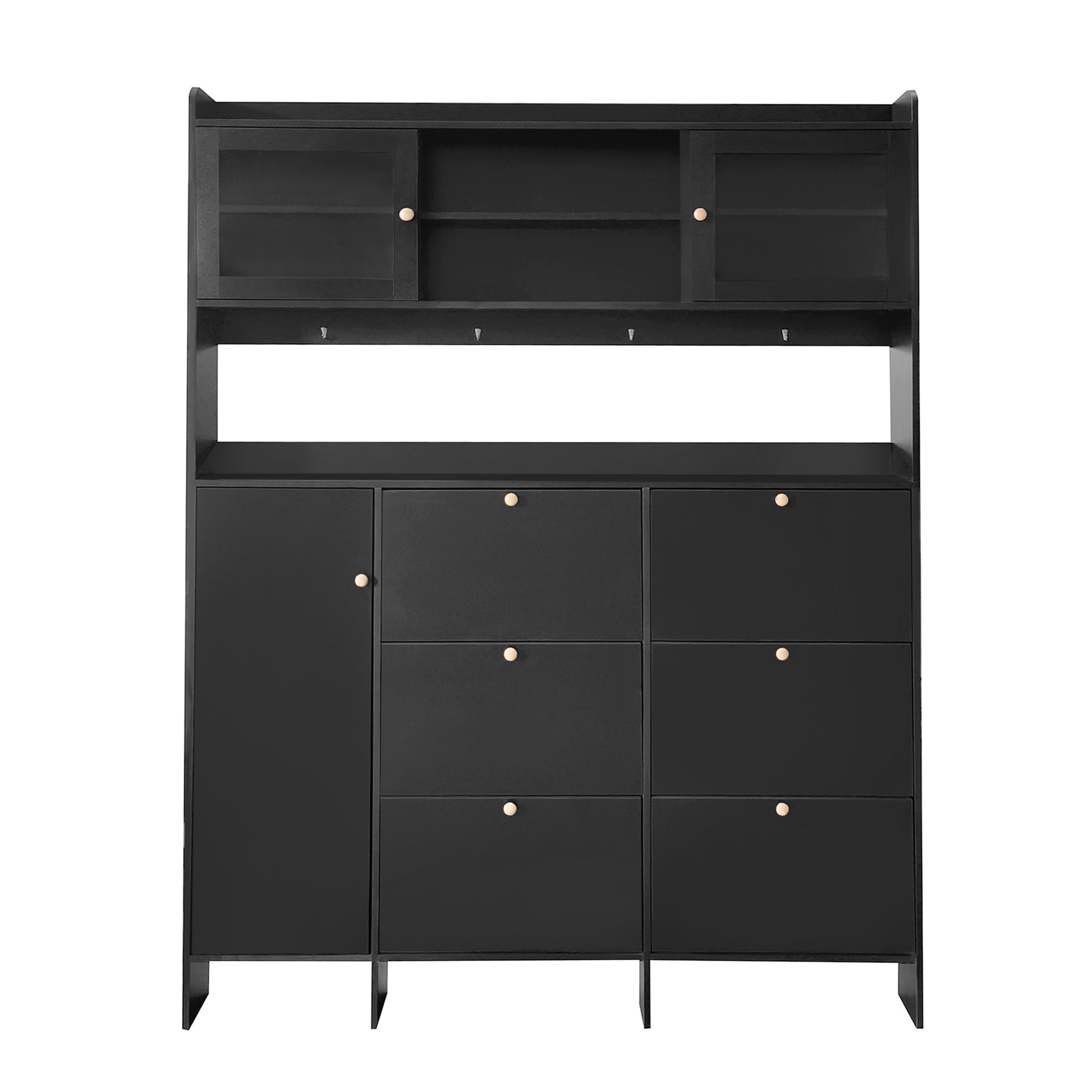 Black wooden entryway organizer with glasspaneled top cabinets and multiple drawers