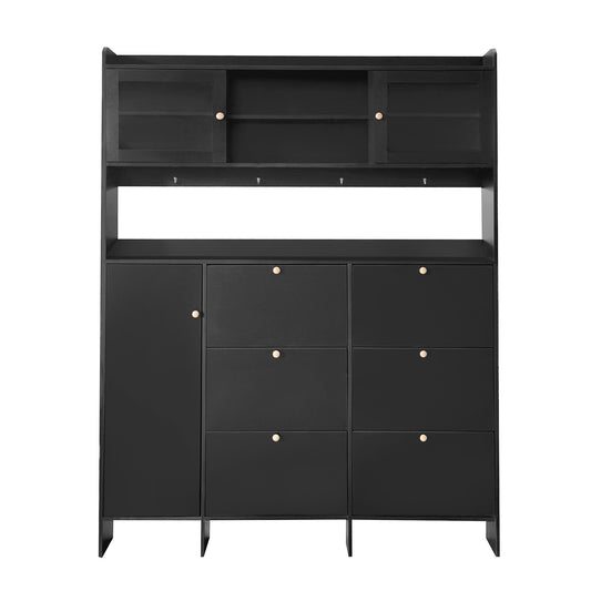 Black wooden entryway organizer with glasspaneled top cabinets and multiple drawers