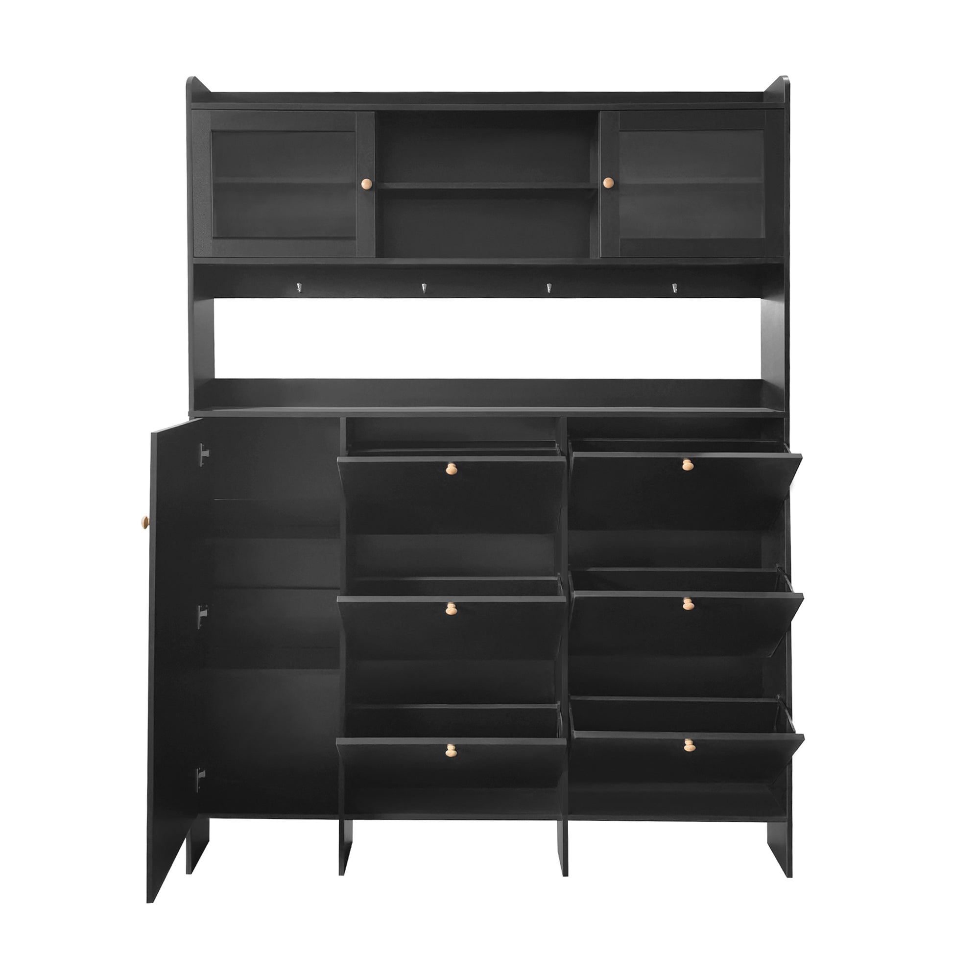 Black wood entryway shoe cabinet with open shelves and glasstop display