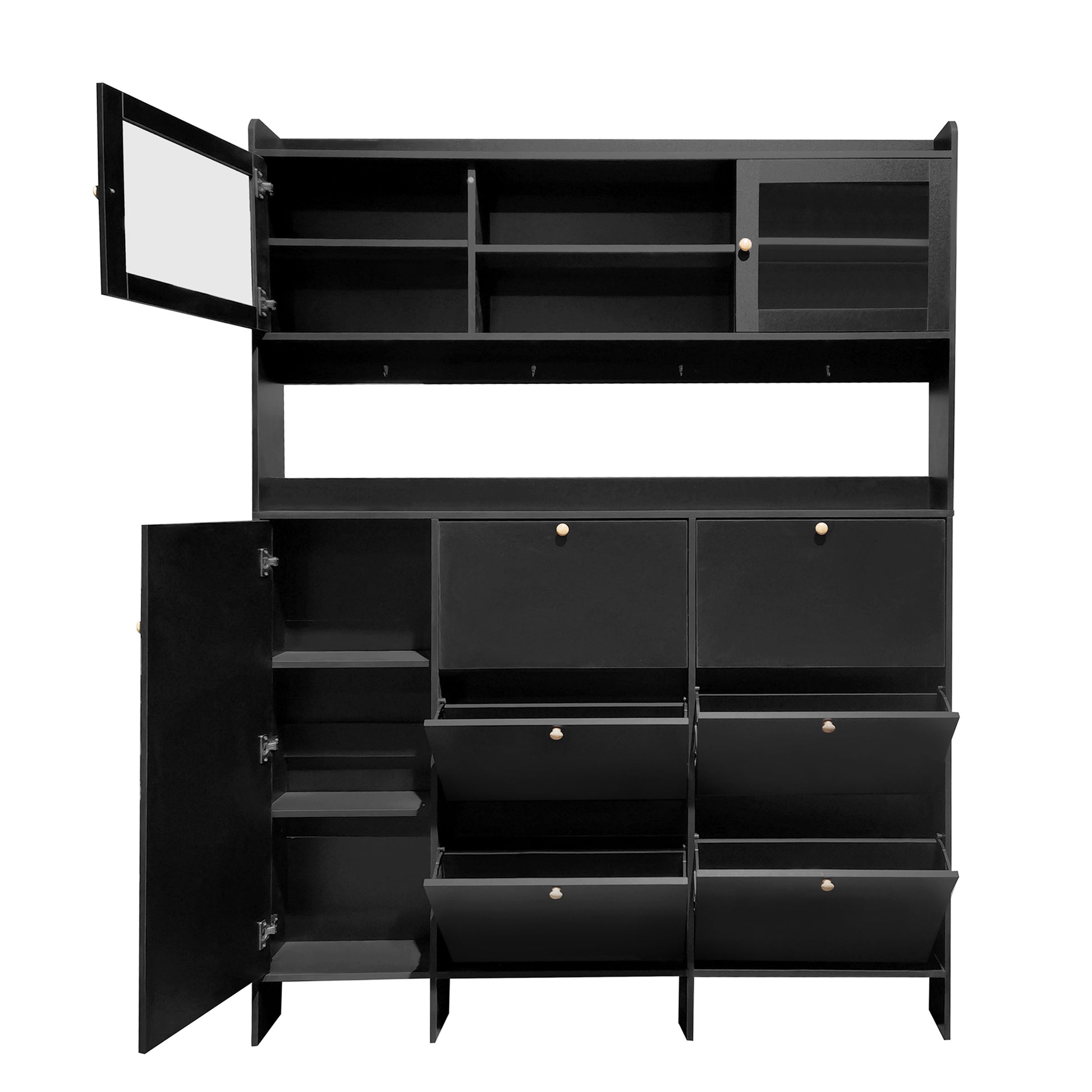 Black entryway organizer with multiple shelves and flipdown shoe compartments
