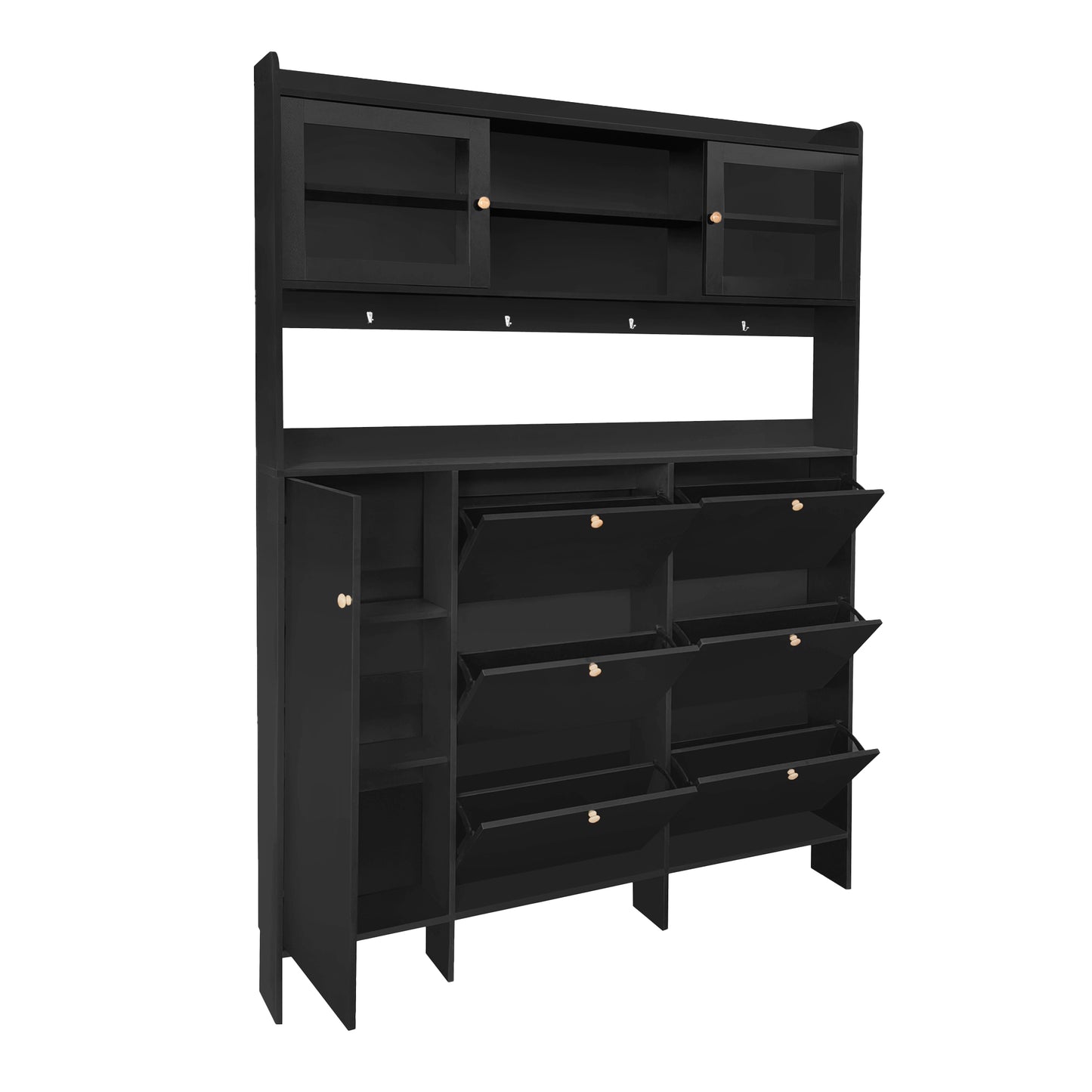 Black entryway organizer with  flipout shoe drawers and  glassdoor cabinets