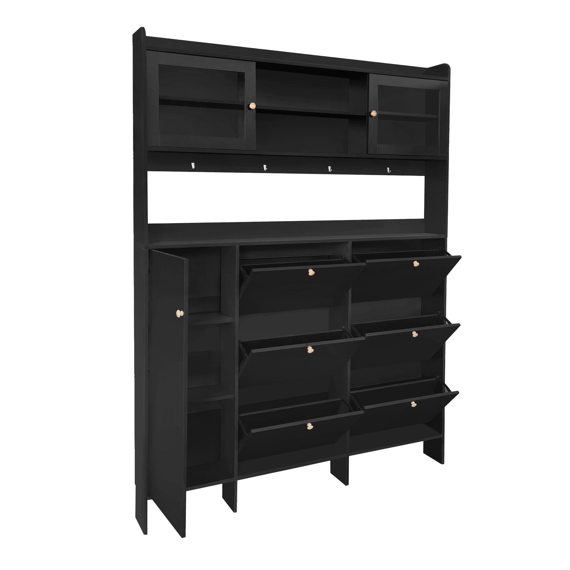 Black entryway organizer with  flipout shoe drawers and  glassdoor cabinets