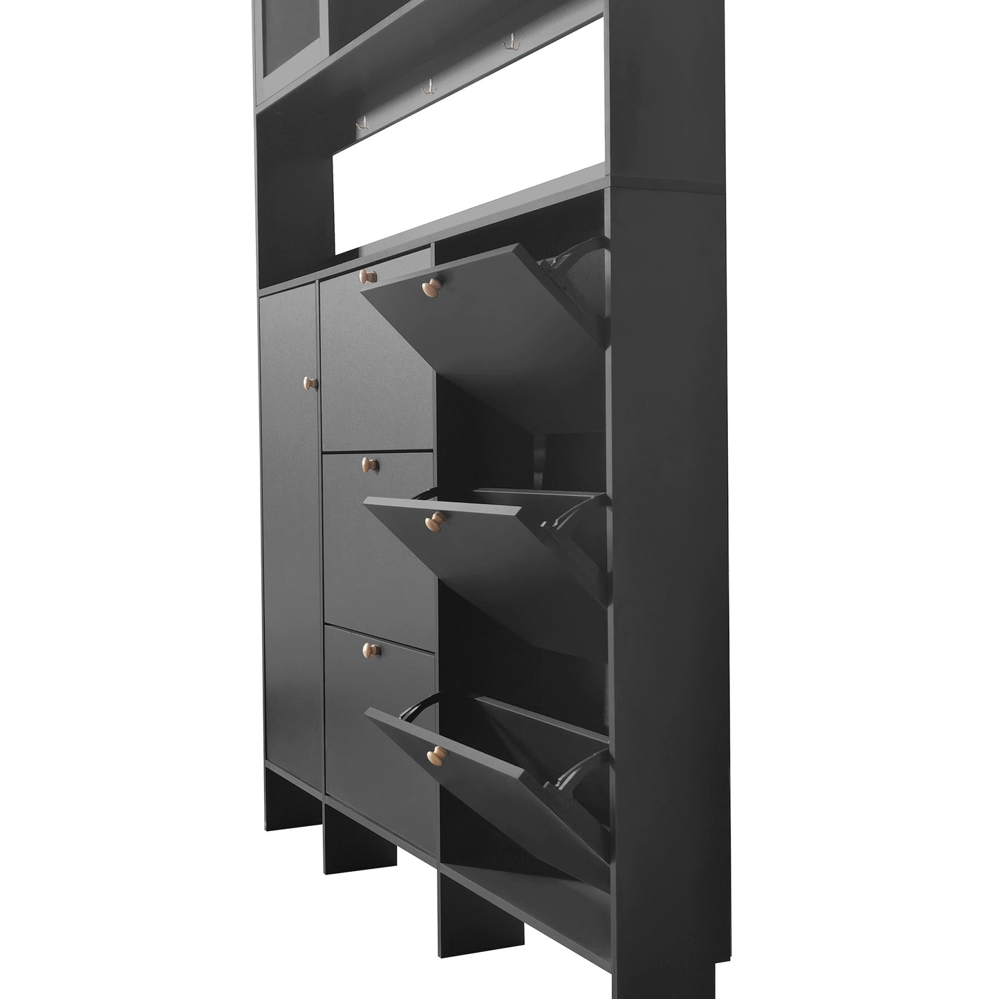 Dark gray modern shoe cabinet with multiple flipout drawers