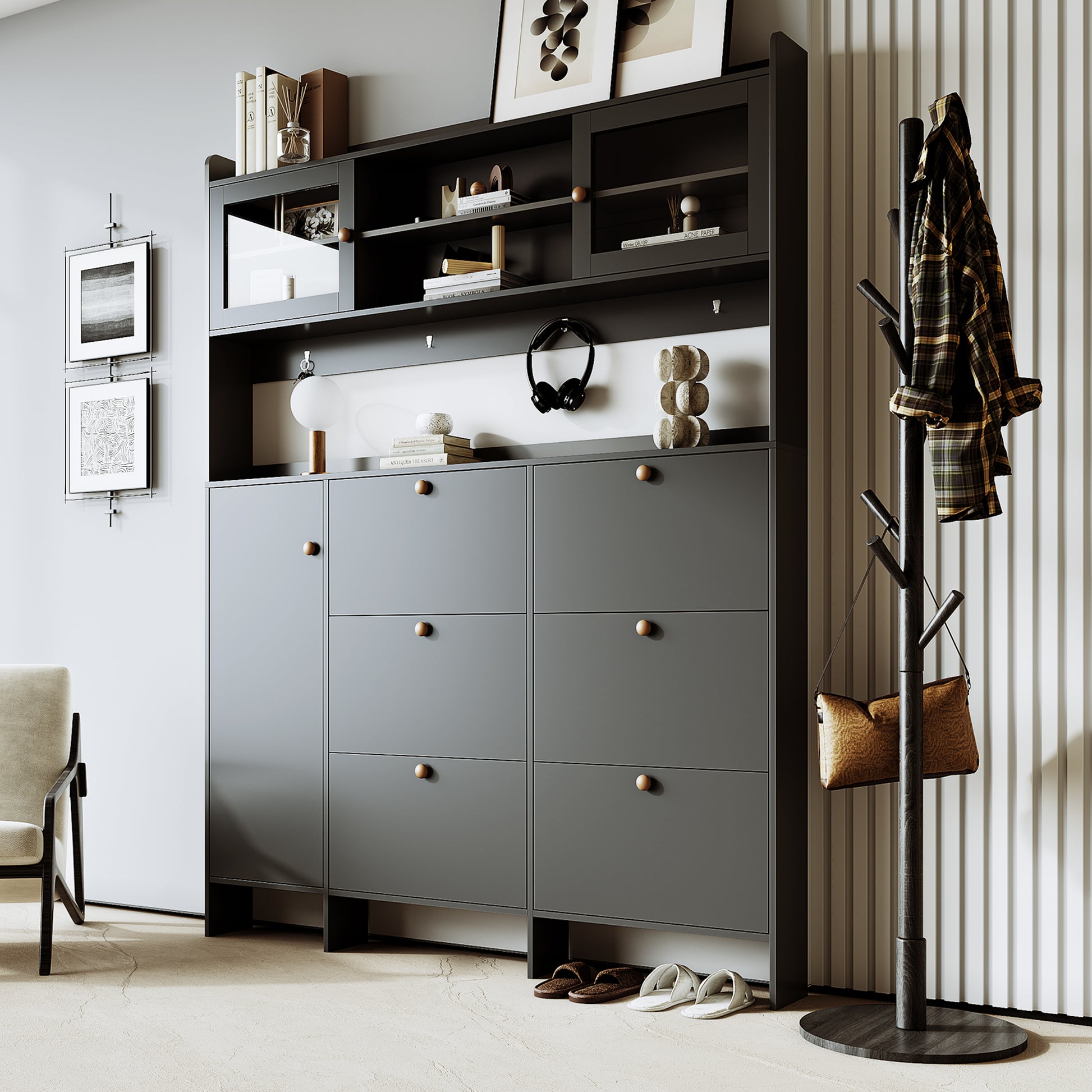 Modern dark grey shoe cabinet with six drawers and wooden knobs