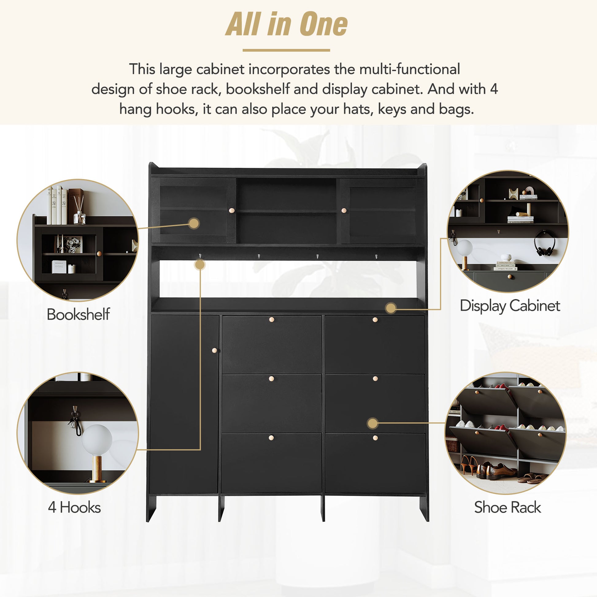 Modern black entryway storage cabinet with multifunctional shoe rack and shelving