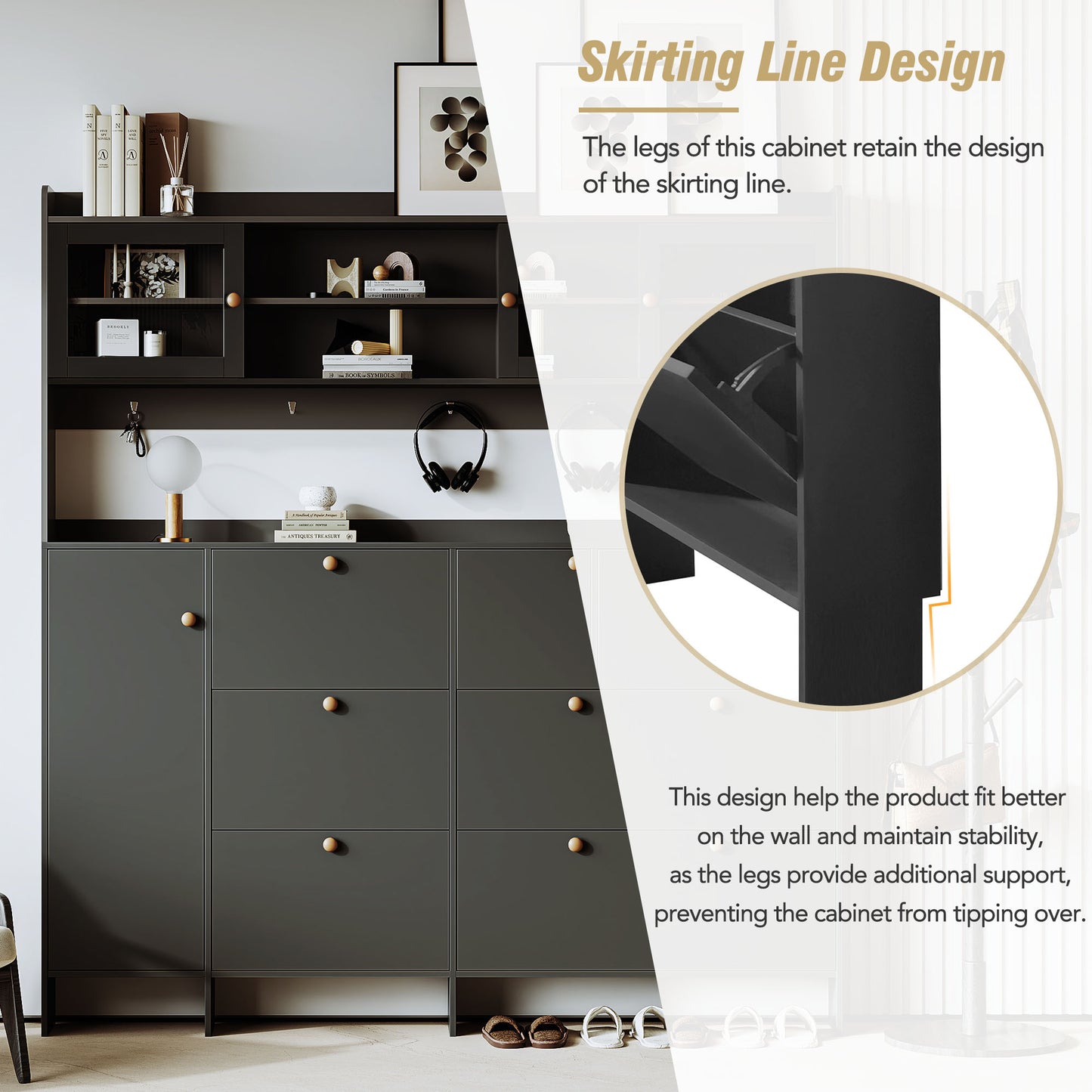 Dark grey storage cabinet with wooden knobs and skirting line design