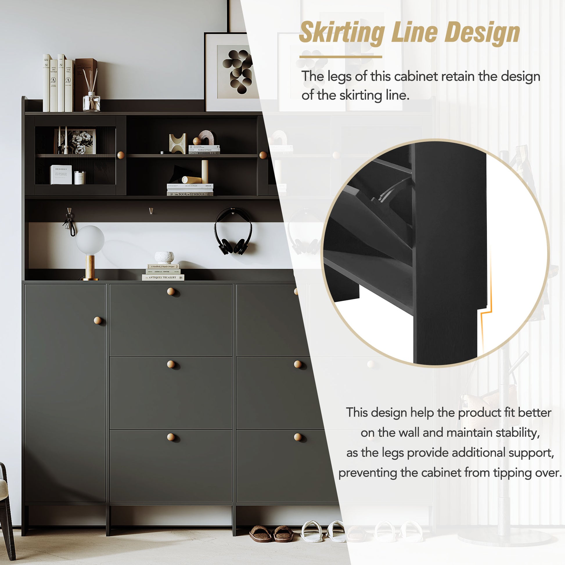 Dark grey storage cabinet with wooden knobs and skirting line design