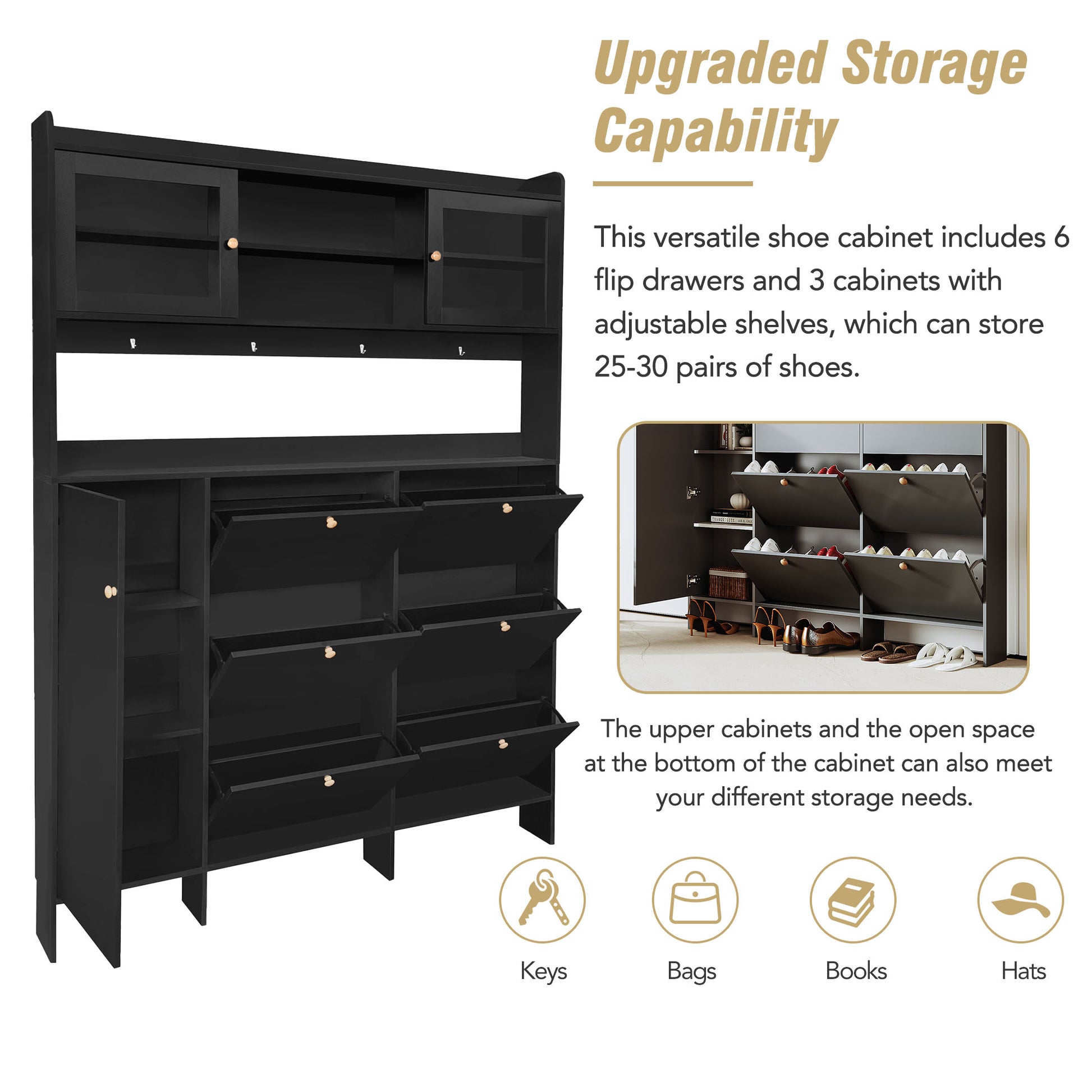 Black entryway shoe cabinet with flip drawers and cabinets