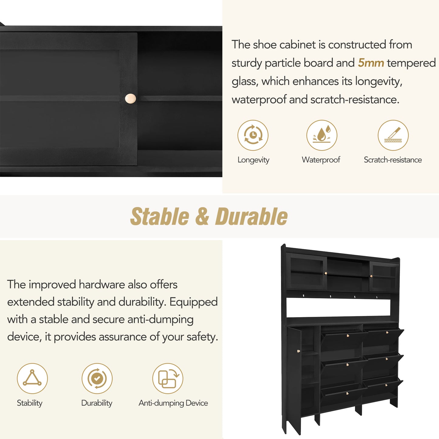 Black particle board shoe cabinet with sliding glass doors