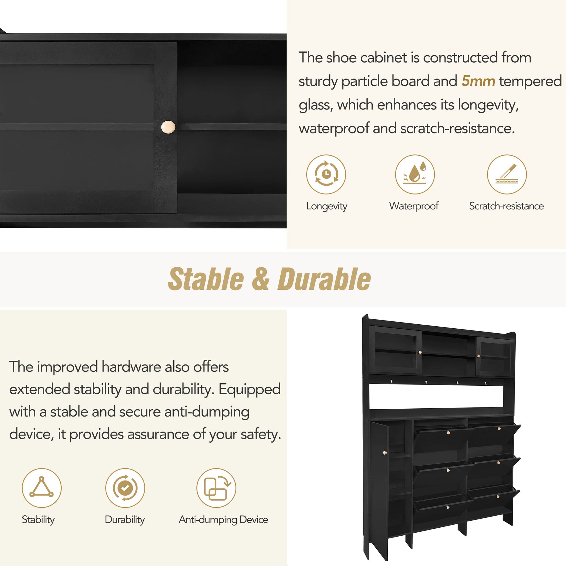 Black particle board shoe cabinet with sliding glass doors