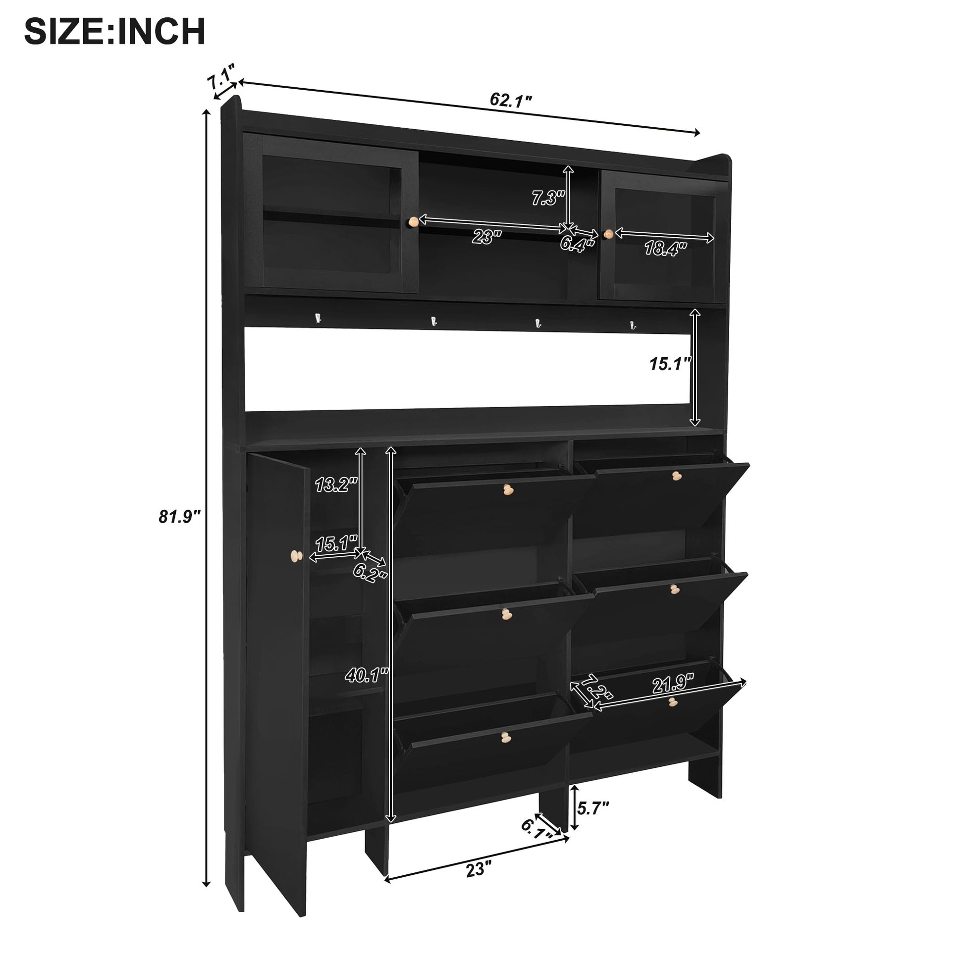 Black shoe cabinet with glassdoor top shelf and flipdown shoe compartments