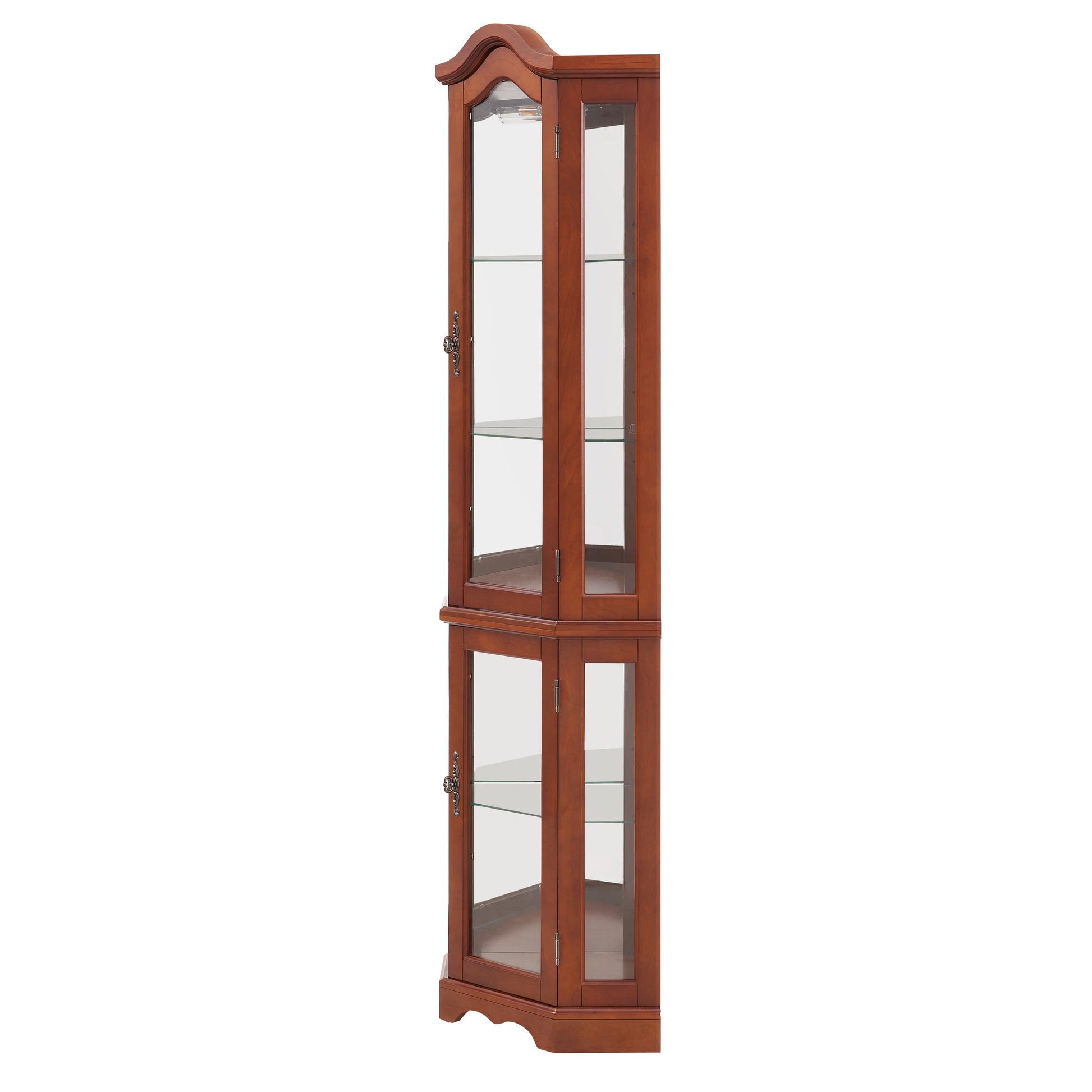 Cherry wood corner curio cabinet with glass doors and shelves
