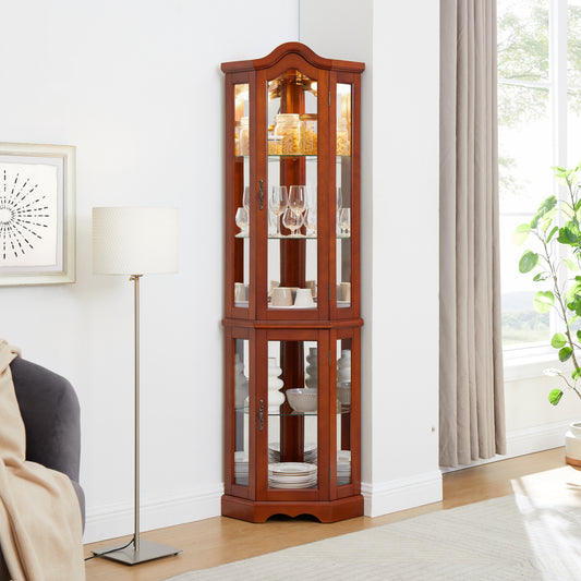 TREATLIFE HOME Corner Curio Cabinet with Adjustable Tempered Glass Shelves and Mirrored Back, Elegant Design for Displaying Collectibles, Walnut Finish