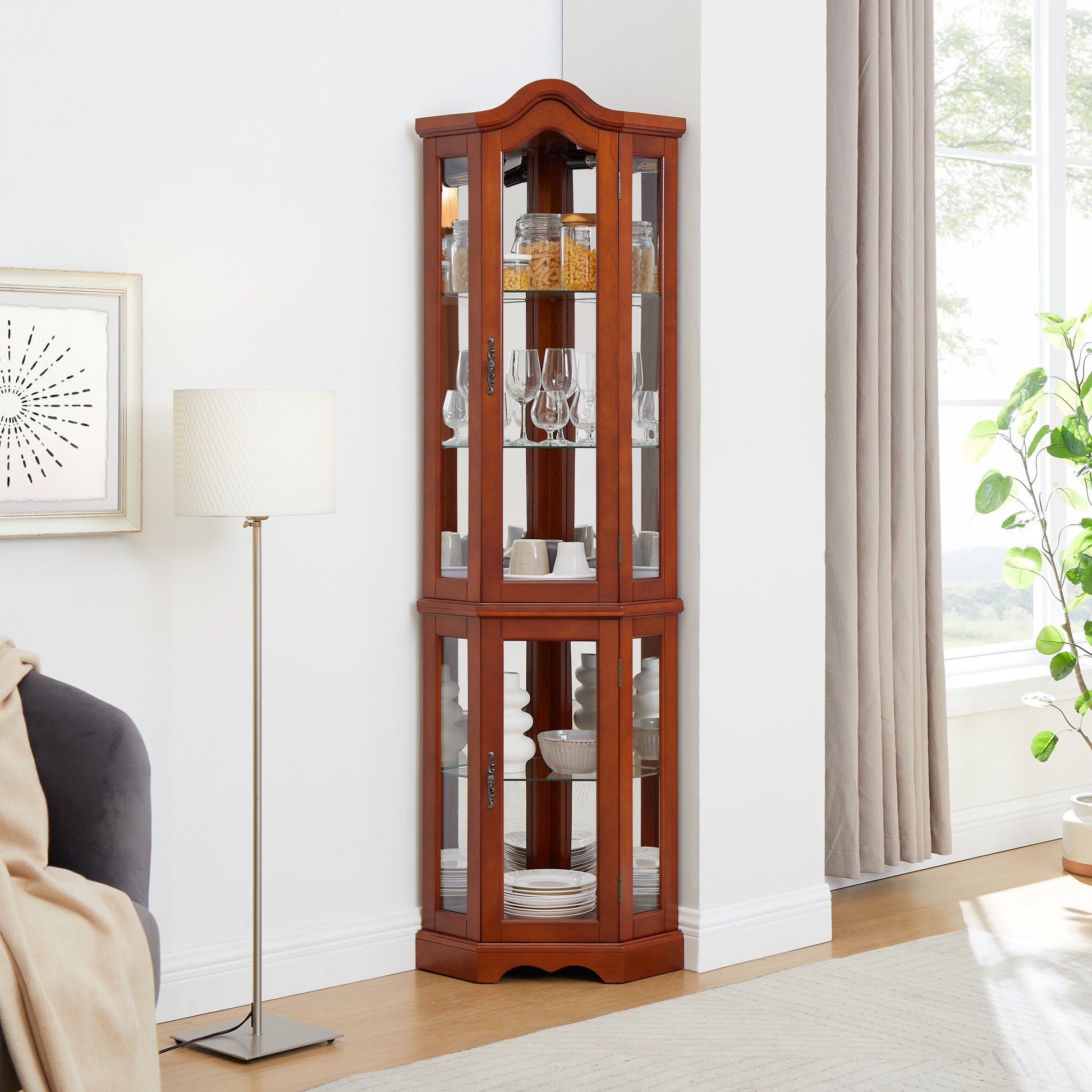 Cherry finish corner curio cabinet with glass doors and shelves