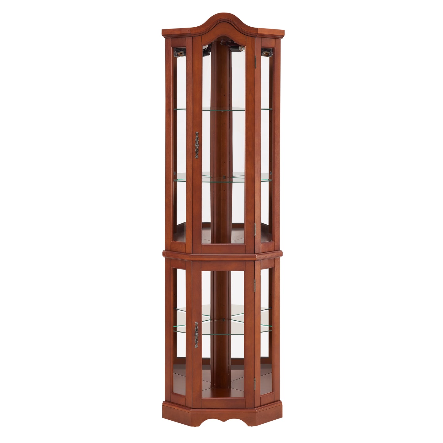 Elegant cherry wood corner curio cabinet with glass shelves and mirrored back