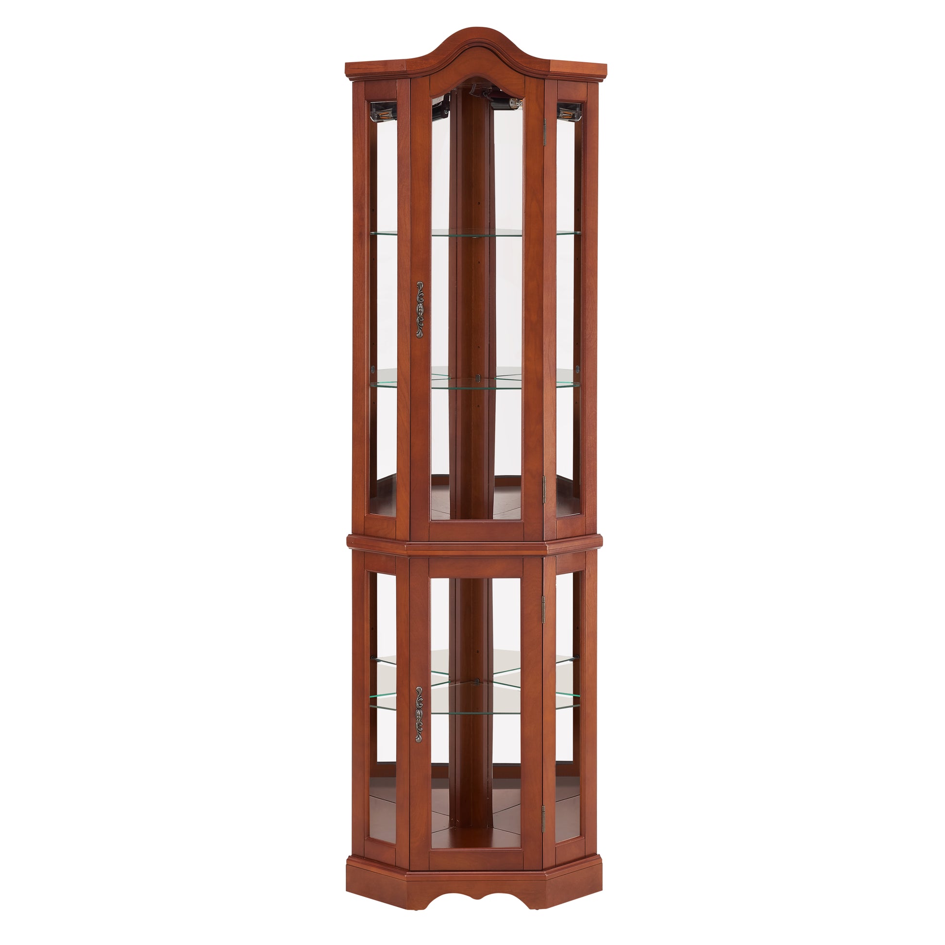 Elegant cherry wood corner curio cabinet with glass shelves and mirrored back