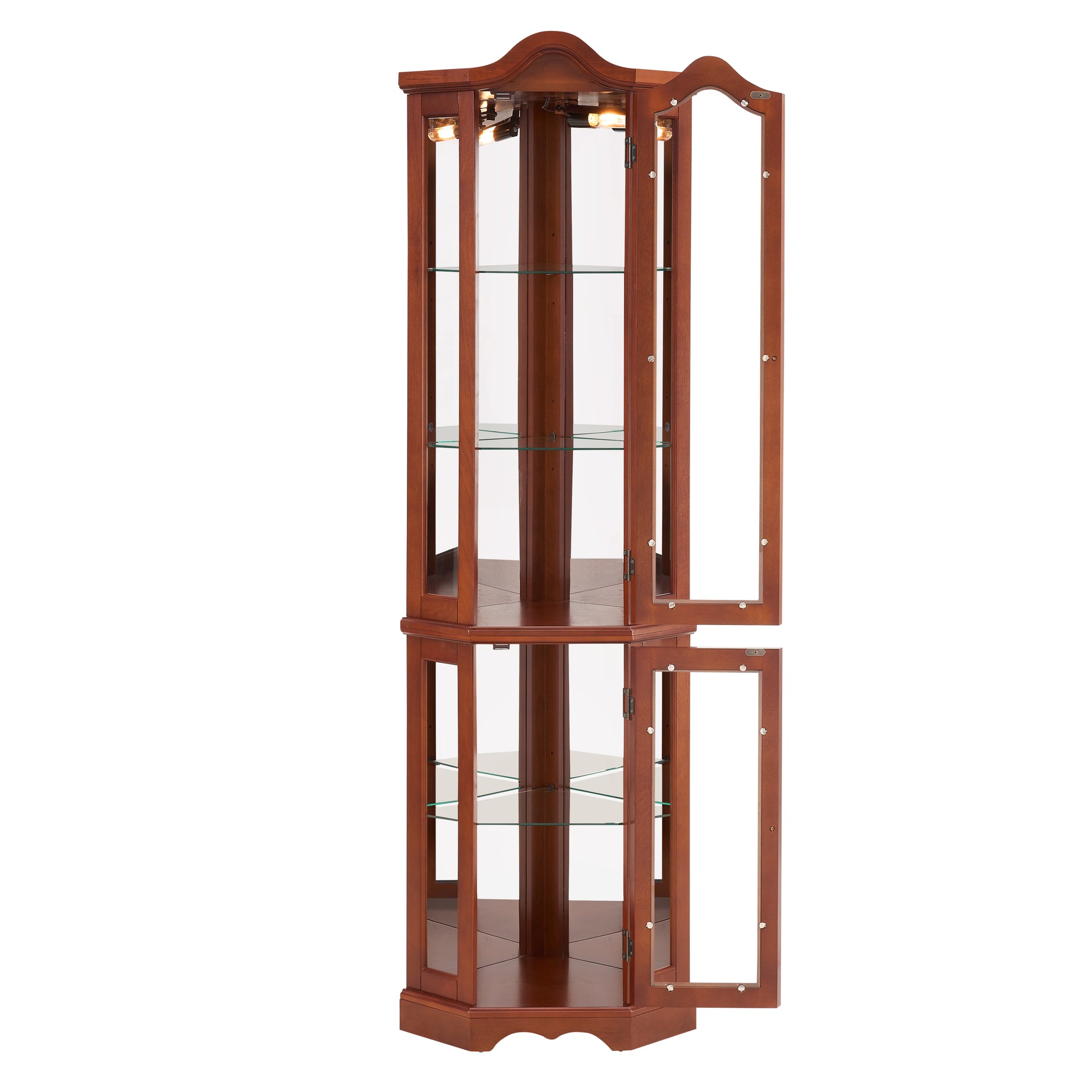 Cherry wood corner curio cabinet with glass shelves and interior lighting