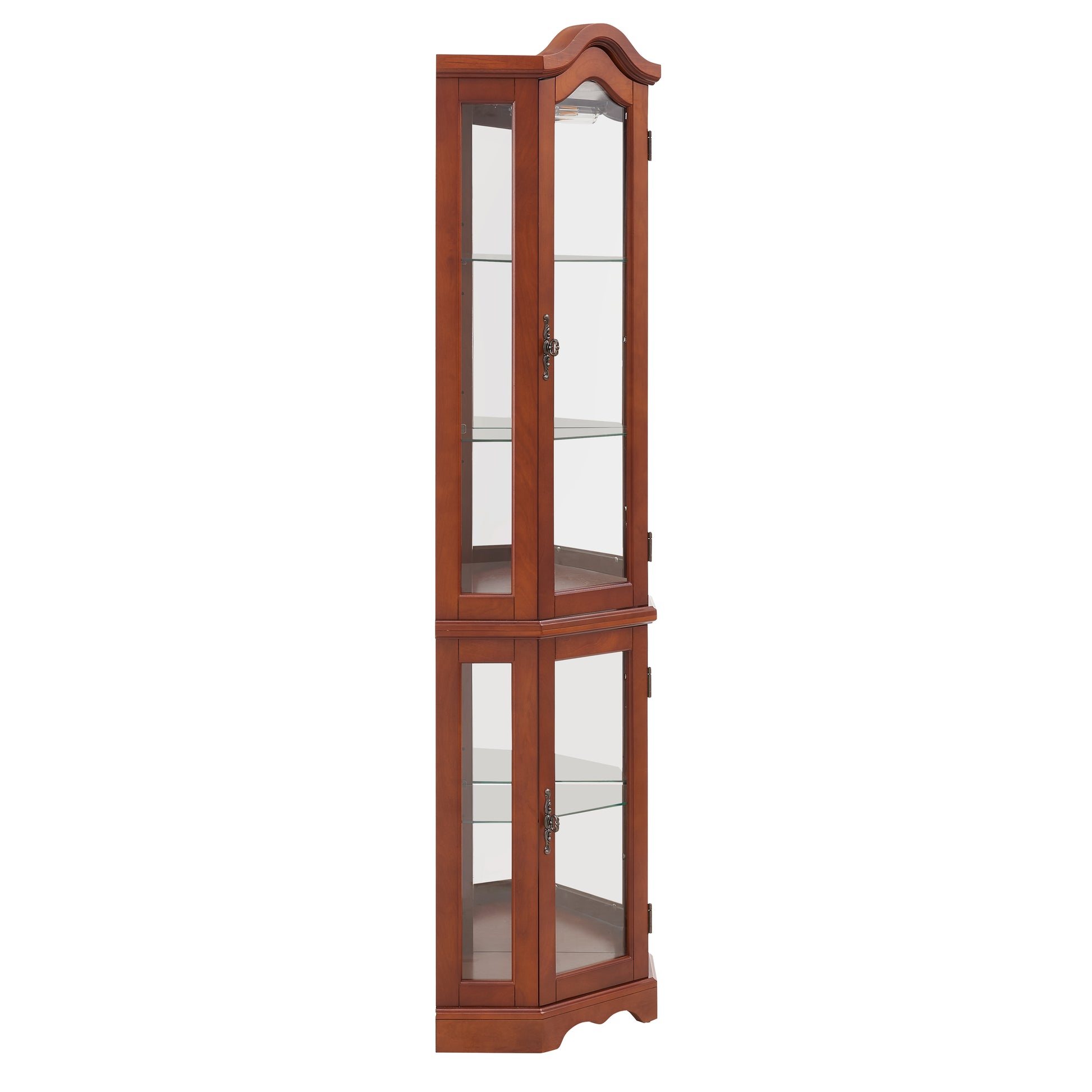 Tall cherry wood corner curio cabinet with glass doors and shelves