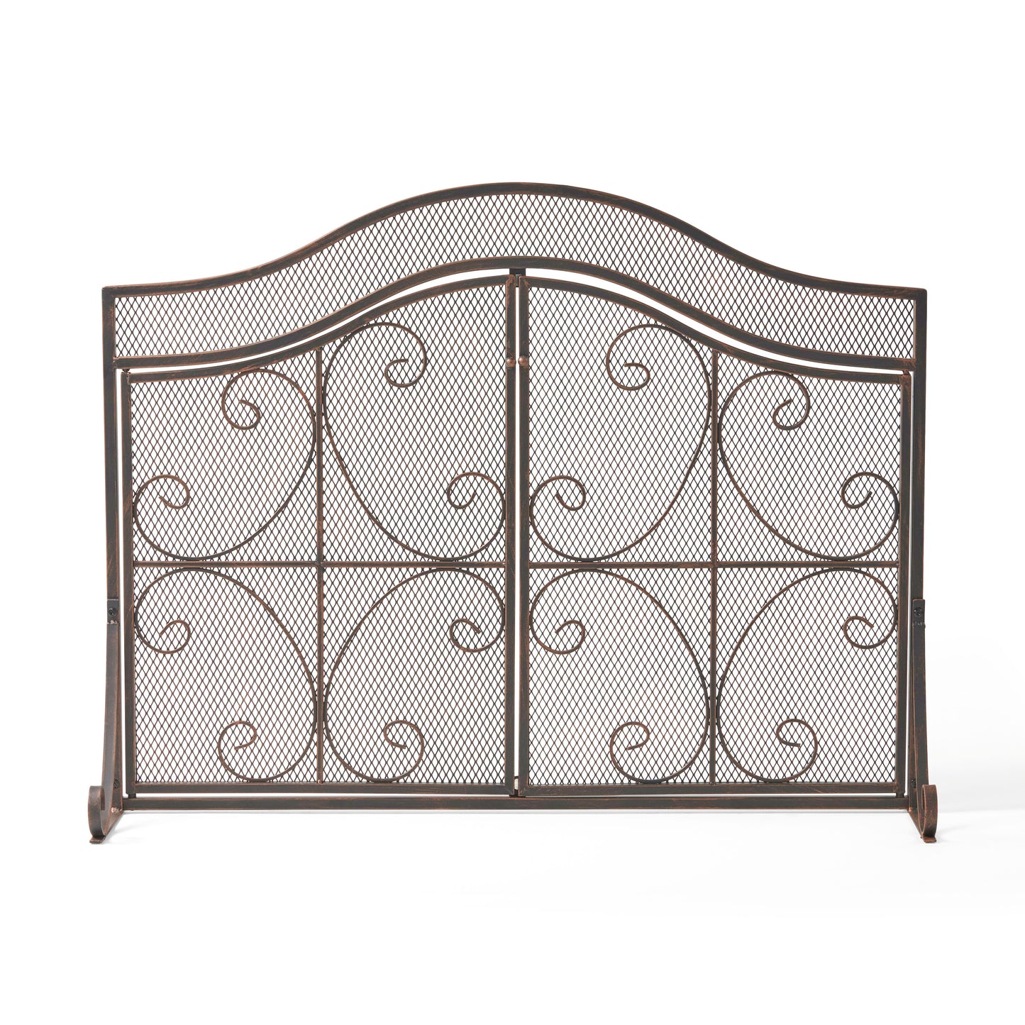 Ornate metal fireplace screen with scrolling details and antique bronze finish