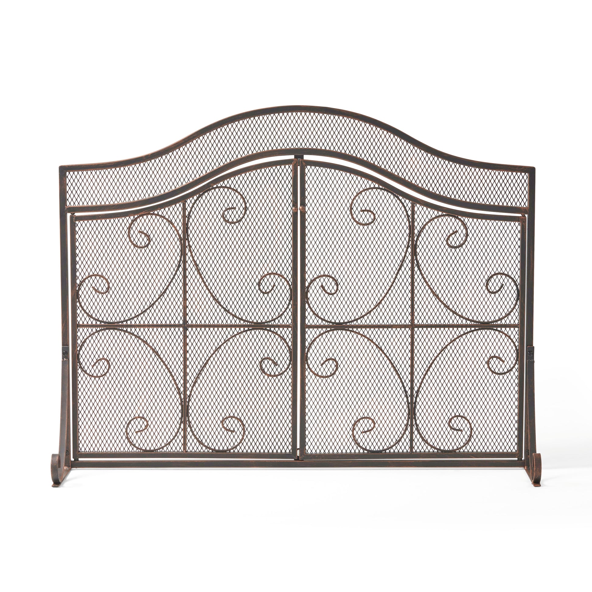 Ornate metal fireplace screen with scrolling details and antique bronze finish