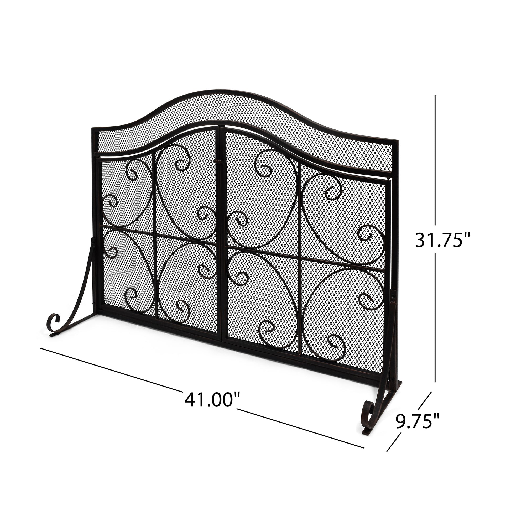 Black wrought iron fireplace screen with scrollwork