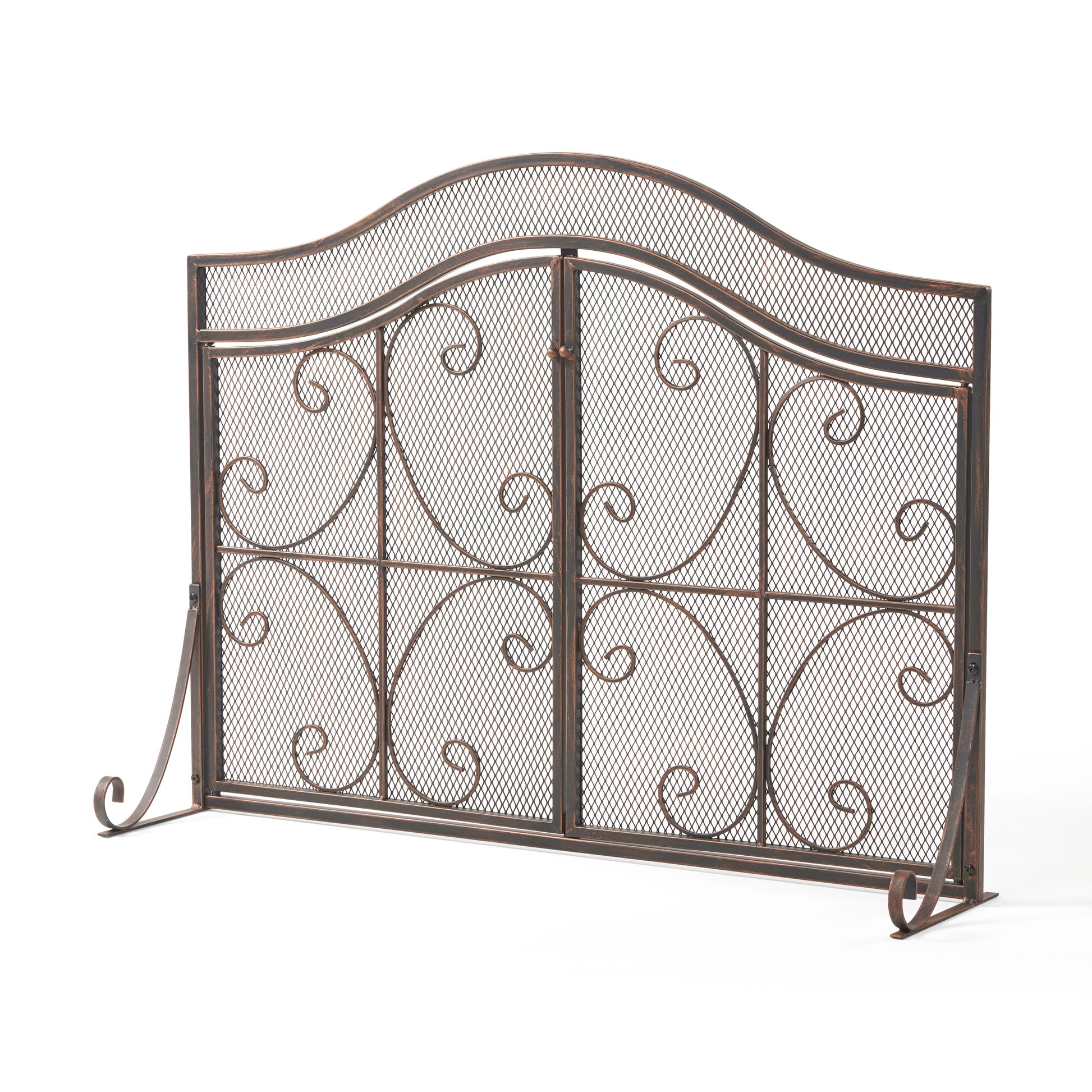 Ornate metal fireplace screen with scrollwork