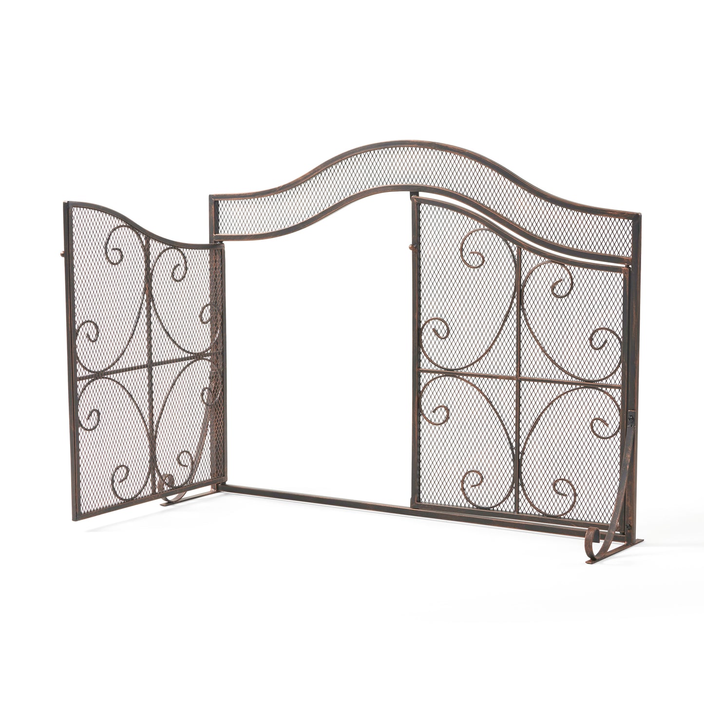 Rustic metal fireplace screen with ornate scrollwork