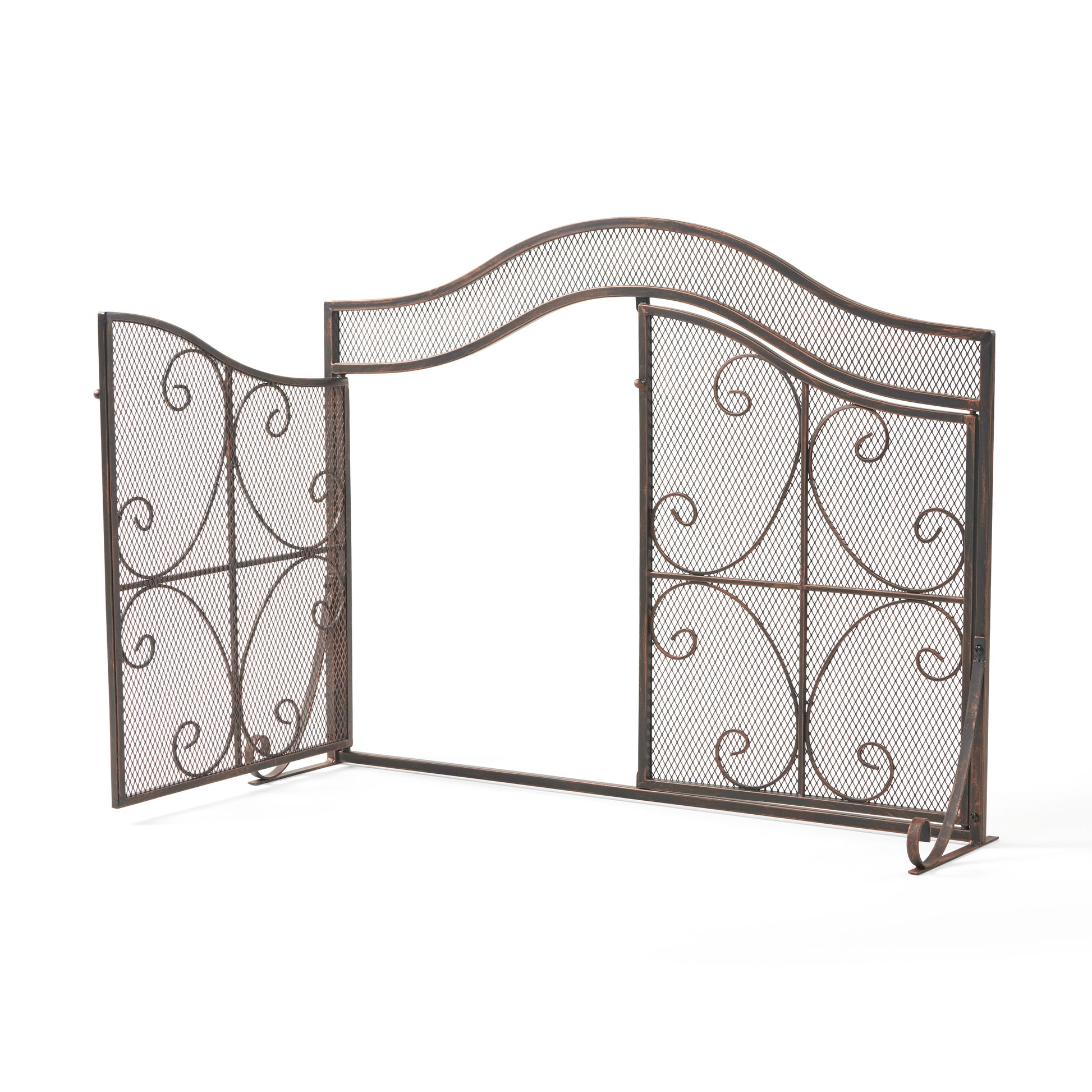 Rustic metal fireplace screen with ornate scrollwork