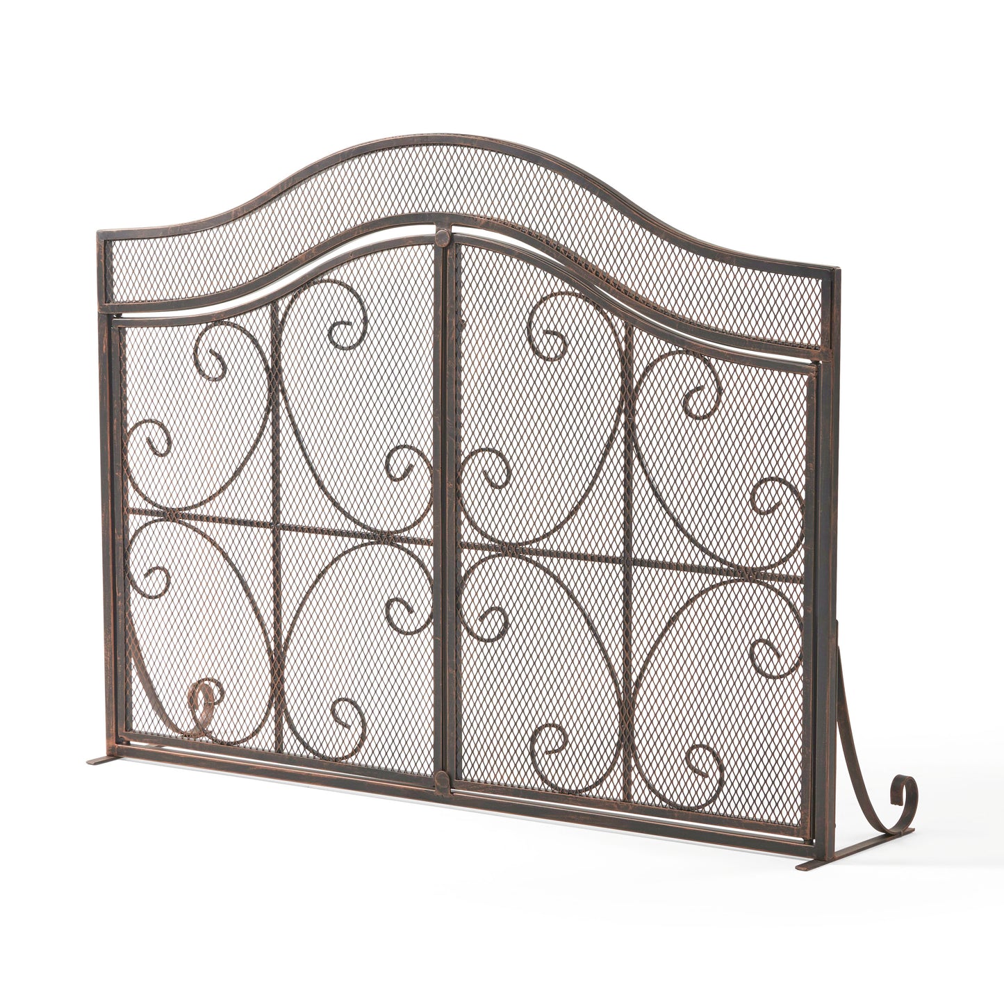 Ornate wrought iron fireplace screen with scrollwork