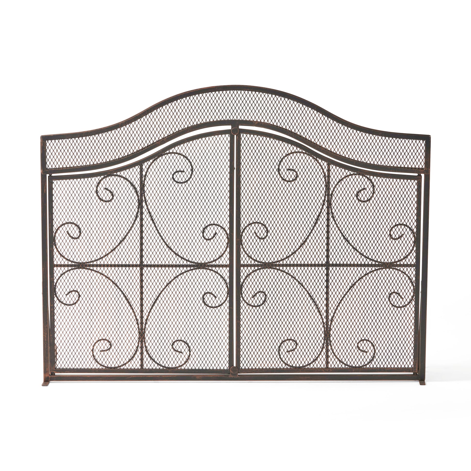 Ornate wrought iron fireplace screen with scrollwork