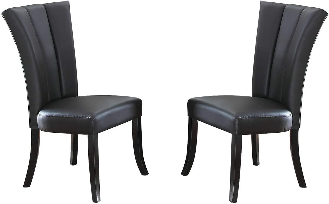 Pair of dark brown faux leather dining chairs with channel tufted backs