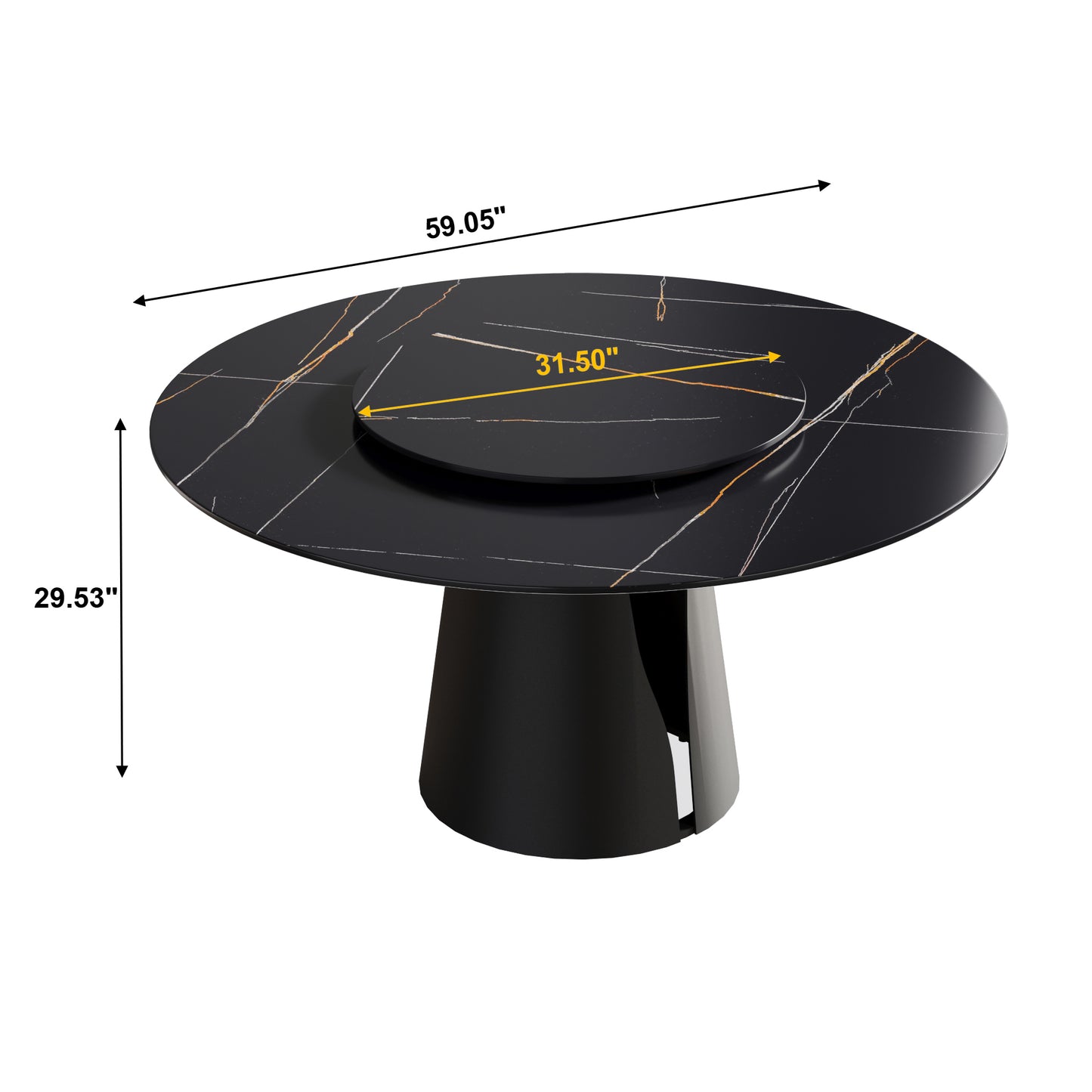 Black marble dining table with gold veining and rotating lazy susan