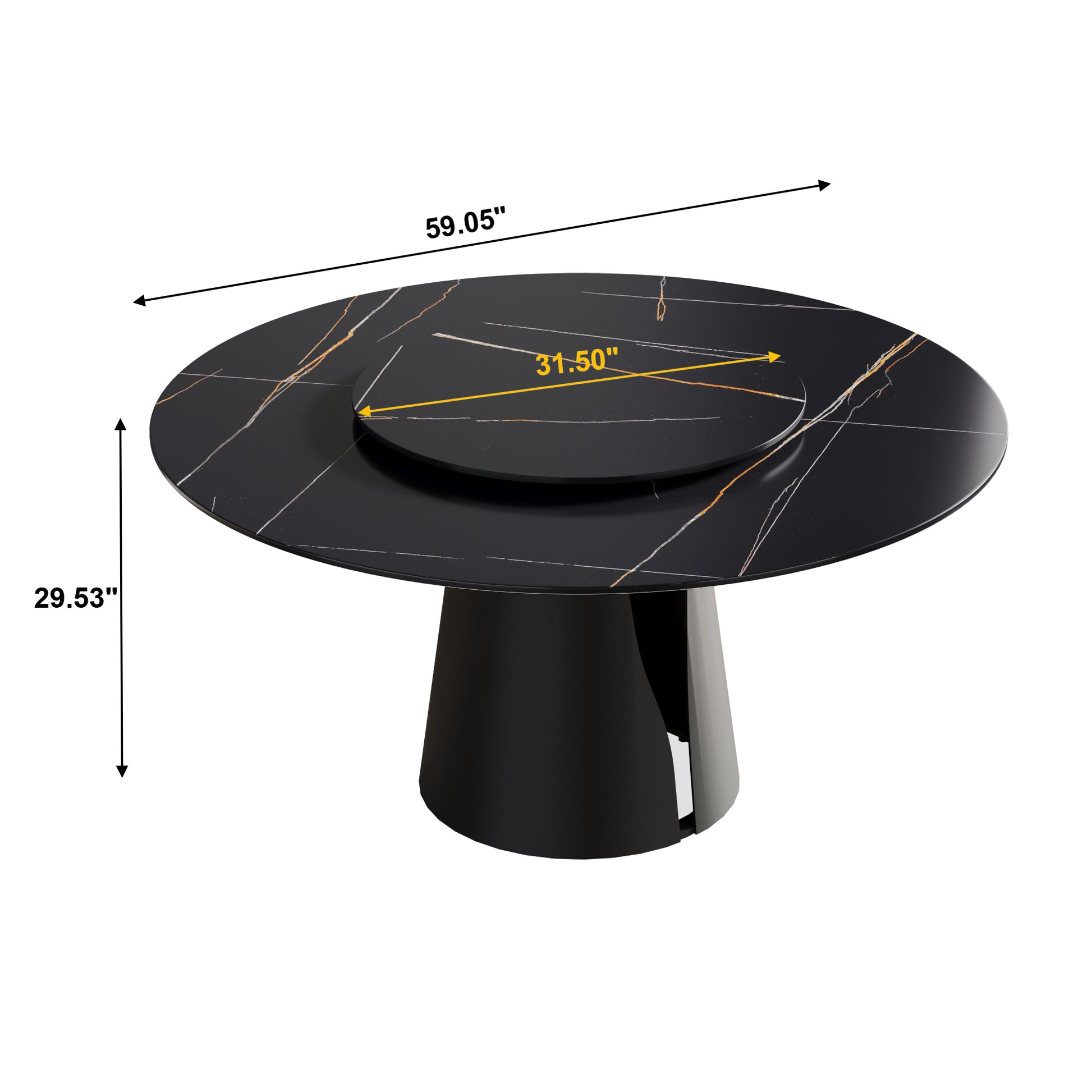 Black marble dining table with gold veining and rotating lazy susan