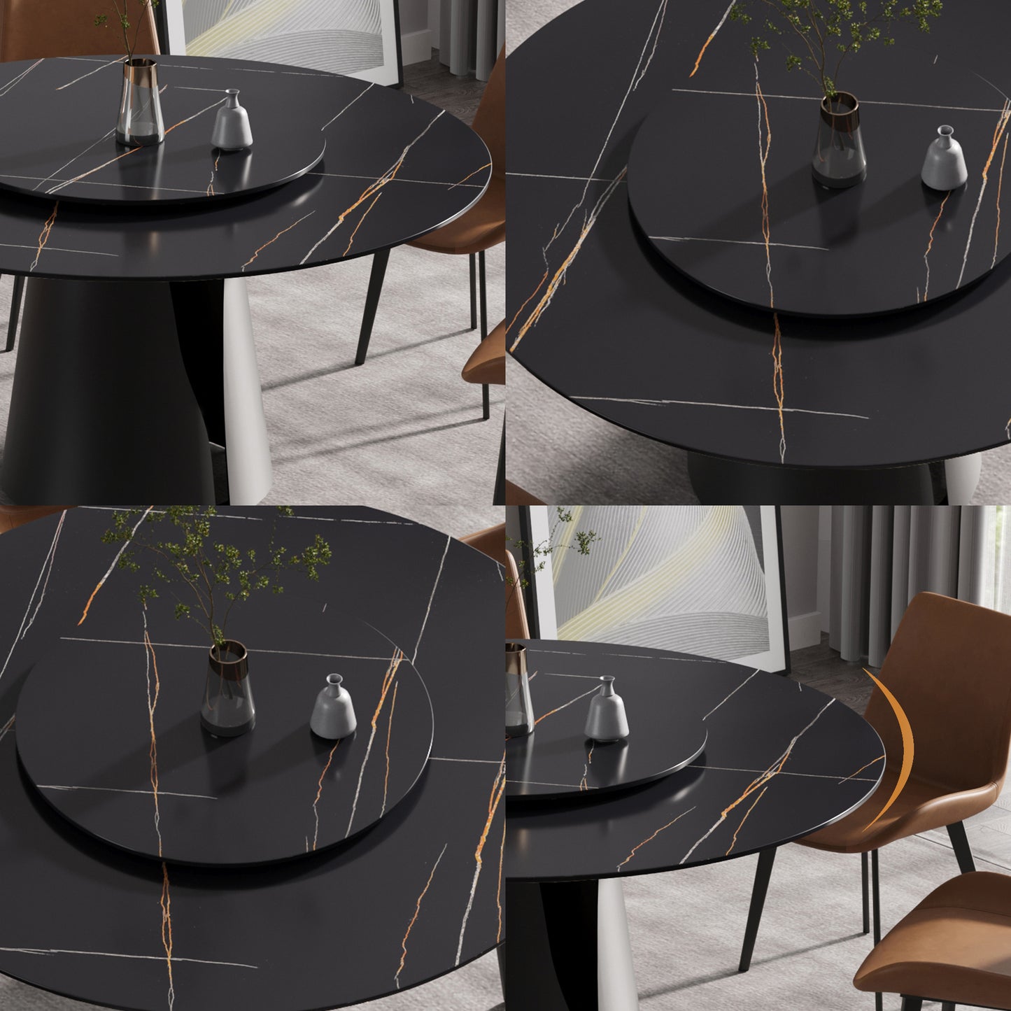 Black marble dining table with gold veining and lazy Susan